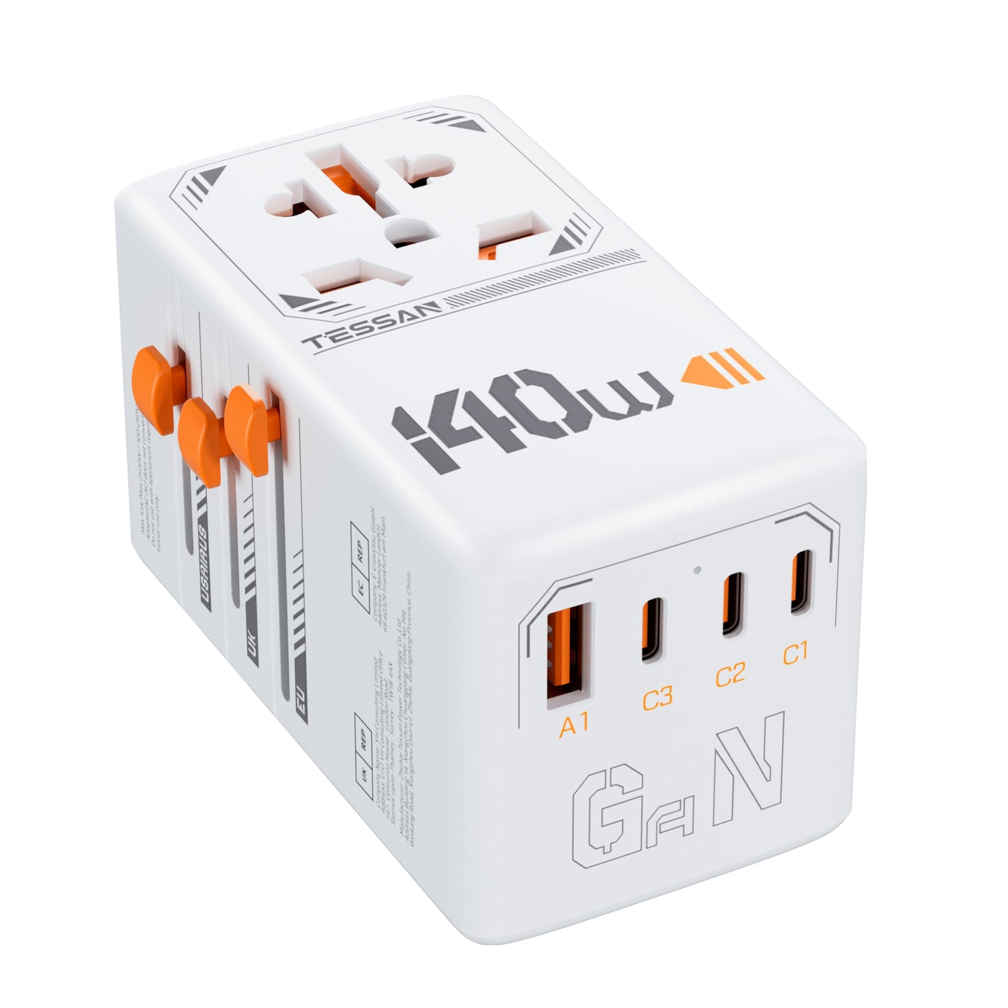 TESSAN Universal Travel Adapter Worldwide 140W, GaN International Plug Adaptor with 1 USB A and 3 USB C Charging Ports, Power Outlet for US to Europe