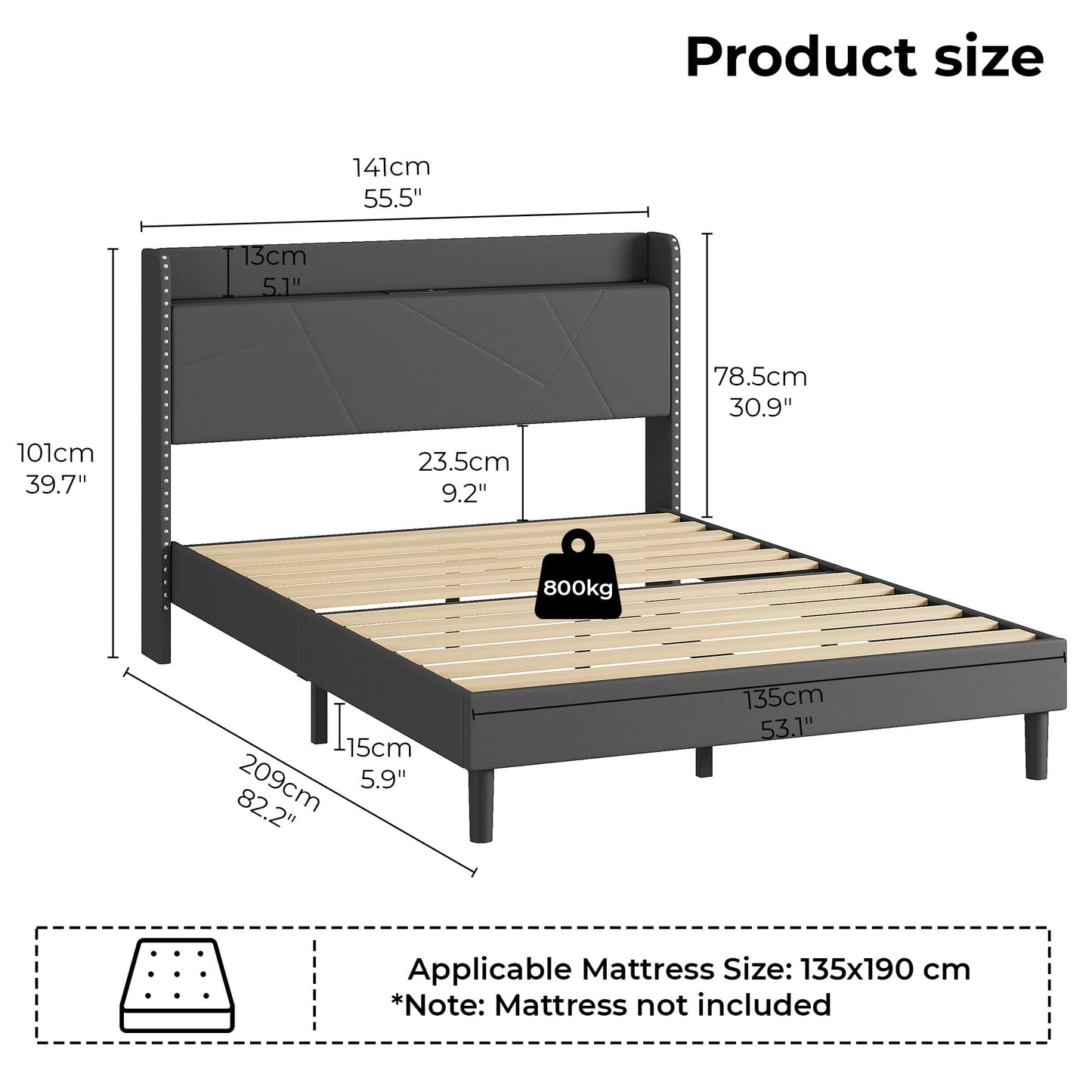 IRONCK 4ft6 Double Bed Frame with Charging Station, Bed Frame Double with Upholstered Storage Headboard, Sturdy Wooden Slat Support