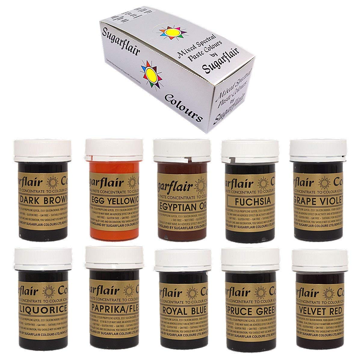 Sugarflair Concentrated Food Colours - Mixed Set of 10 SPECTRAL Pastes Prepacked