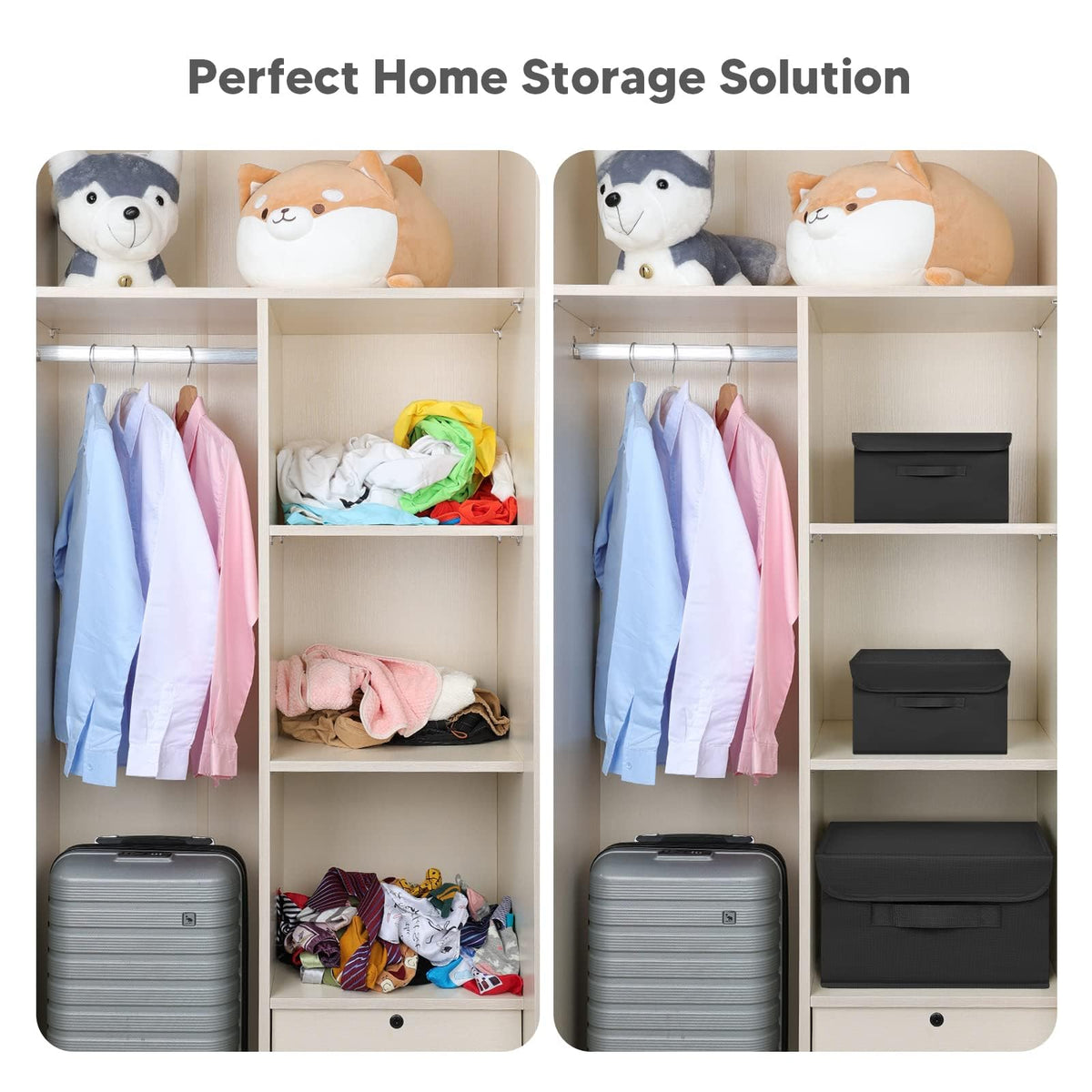 DIMJ 3 Pack Foldable Storage Boxes with Lids - Collapsible Storage Bin with Handle, Fabric Storage Basket Organiser Box for Wardrobe, Closet, Shelf