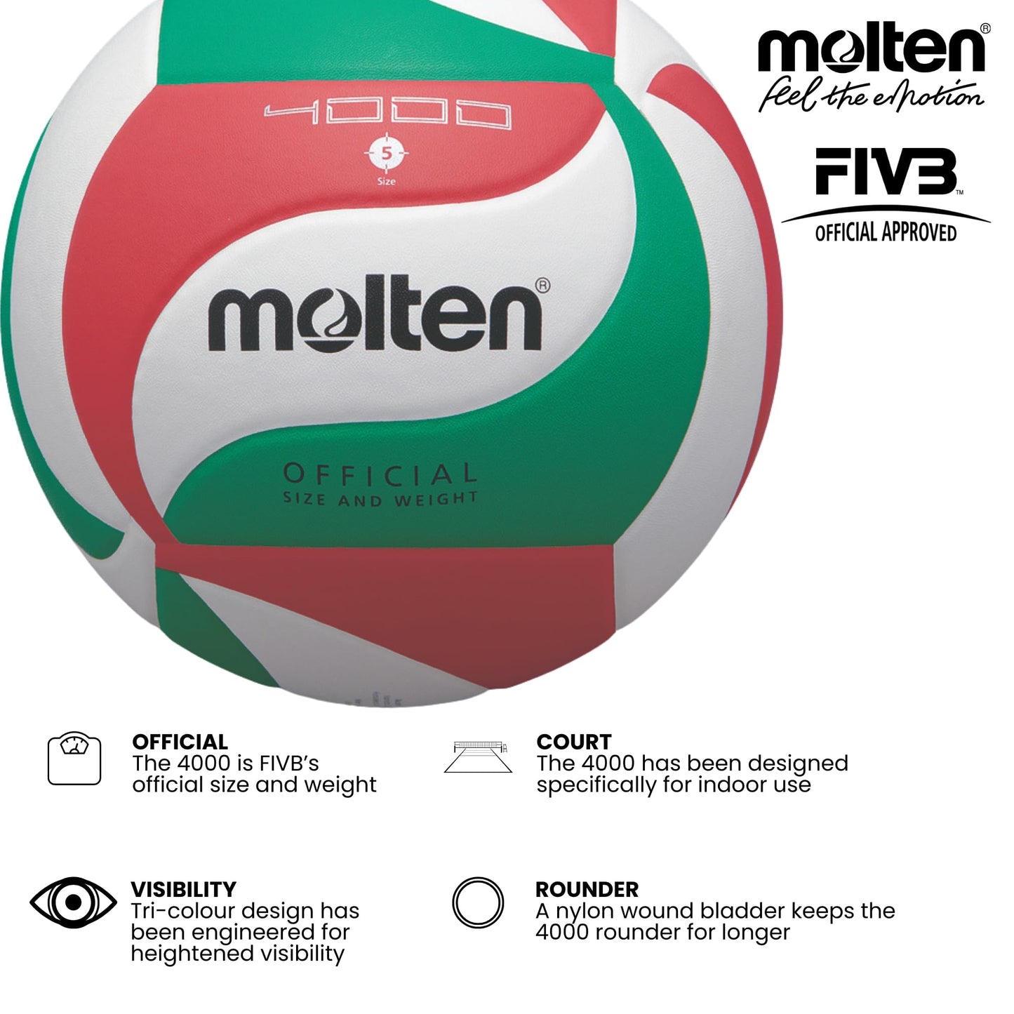 Molten Volley Ball - 5, White/Green/Red