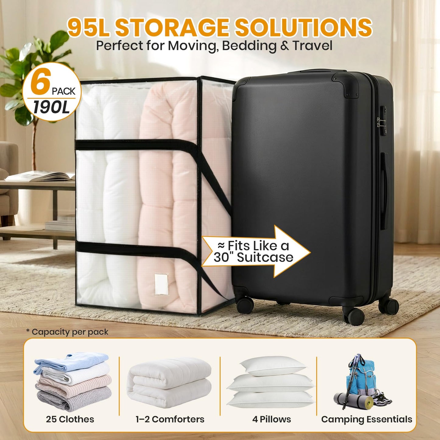 Velway 95L Moving Bags 6 Pack, Clear Heavy Duty Storage Bags