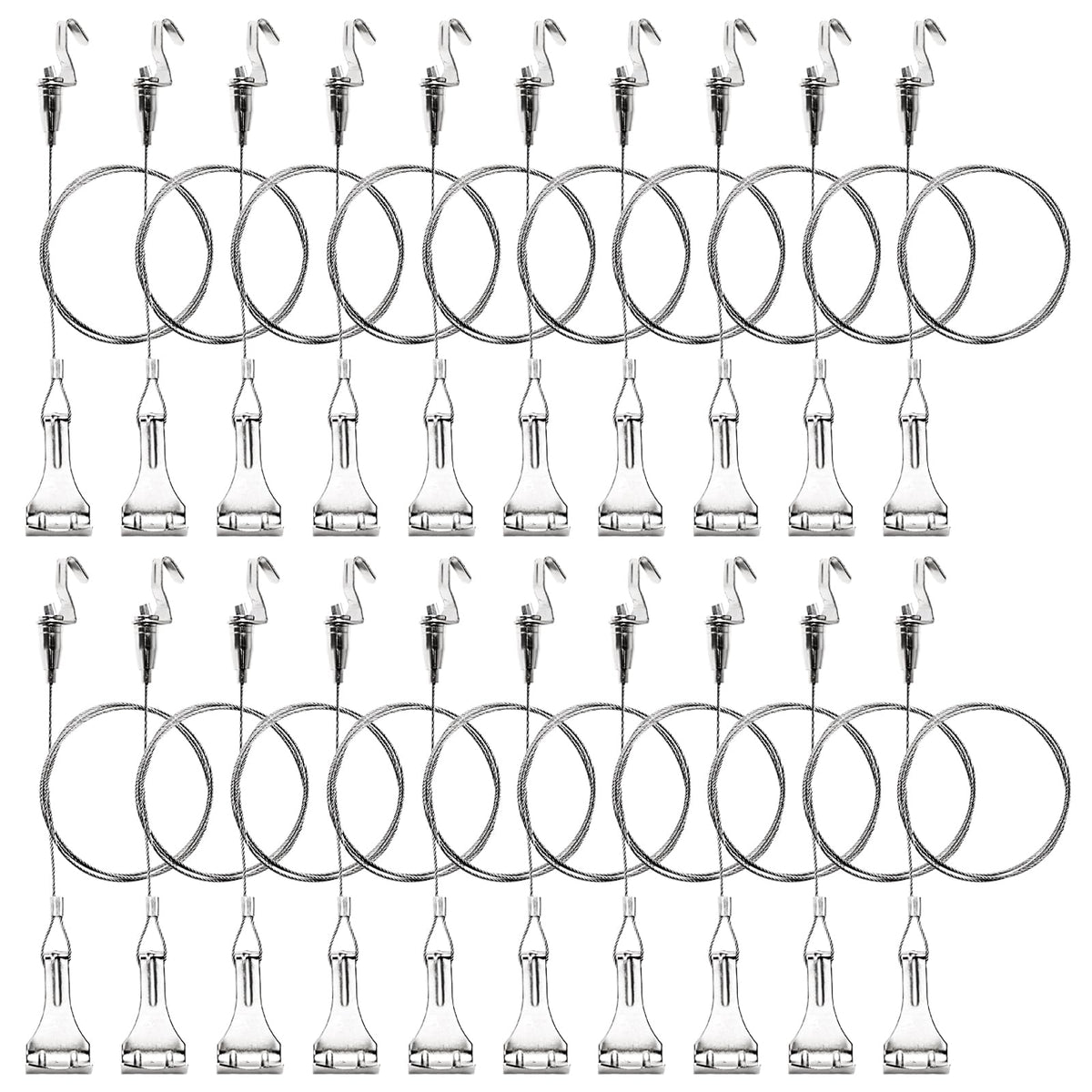 Okllen 20 Pack Picture Rail Hooks and Wire, Picture Rail Hanging System, 3ft Length Picture Hanging Wire with Loop & Adjustable Wire Hooks Kit, Silver