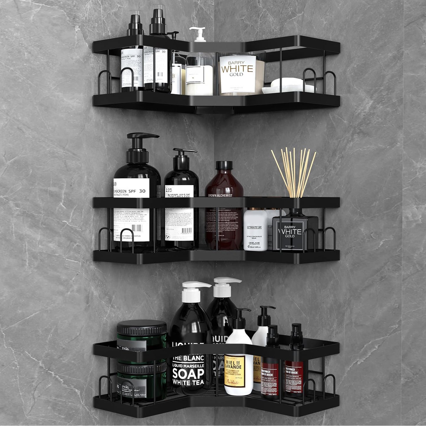 AceMining Shower Caddy, 3 Pack Black Bathroom Shelves, Adhesive Shelf Storage No Drilling, Carbon Steel Shower Organiser, Rust-Resistant Caddy Corner,