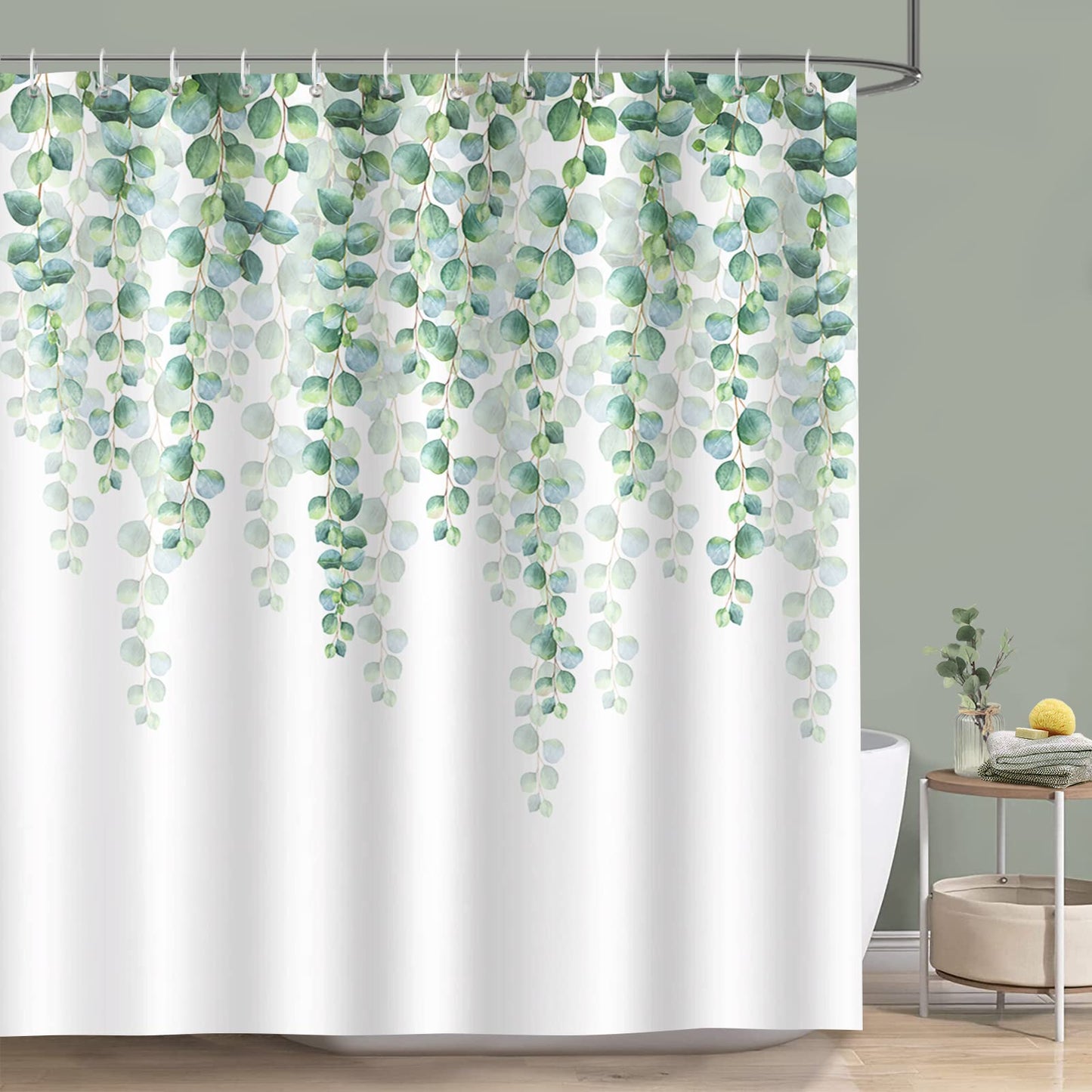 Bonhause Eucalyptus Green Leaves Shower Curtain 180 x 180 cm Leaf Plants Bathroom Curtain Waterproof Mildew & Mould Resistant Polyester Fabric Bath