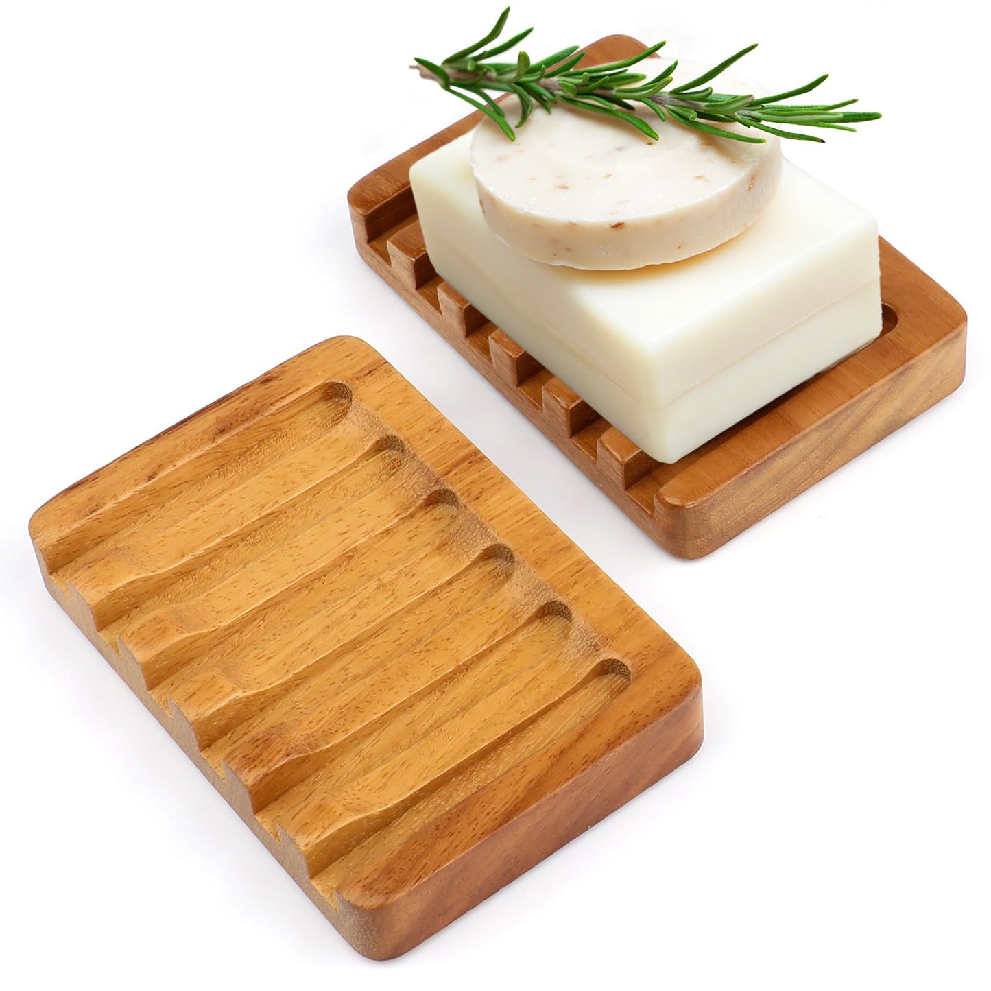 2 Pack Teak Wood Soap Dish,Self Draining Wooden Soap Holder with Non-Slip Base for Bathroom, Shower, Kitchen Sink ? Soap Saver Tray for Bar Soap &