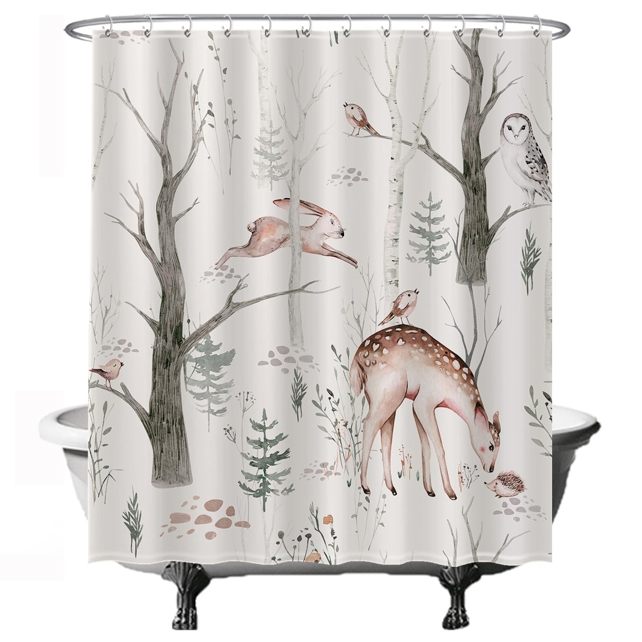 Ulticool Shower Curtain - Owl Bird Deer Animals Nature Watercolour - 180 x 200 cm - Washable - Anti Mould - Waterproof - with 12 Rings - White Brown