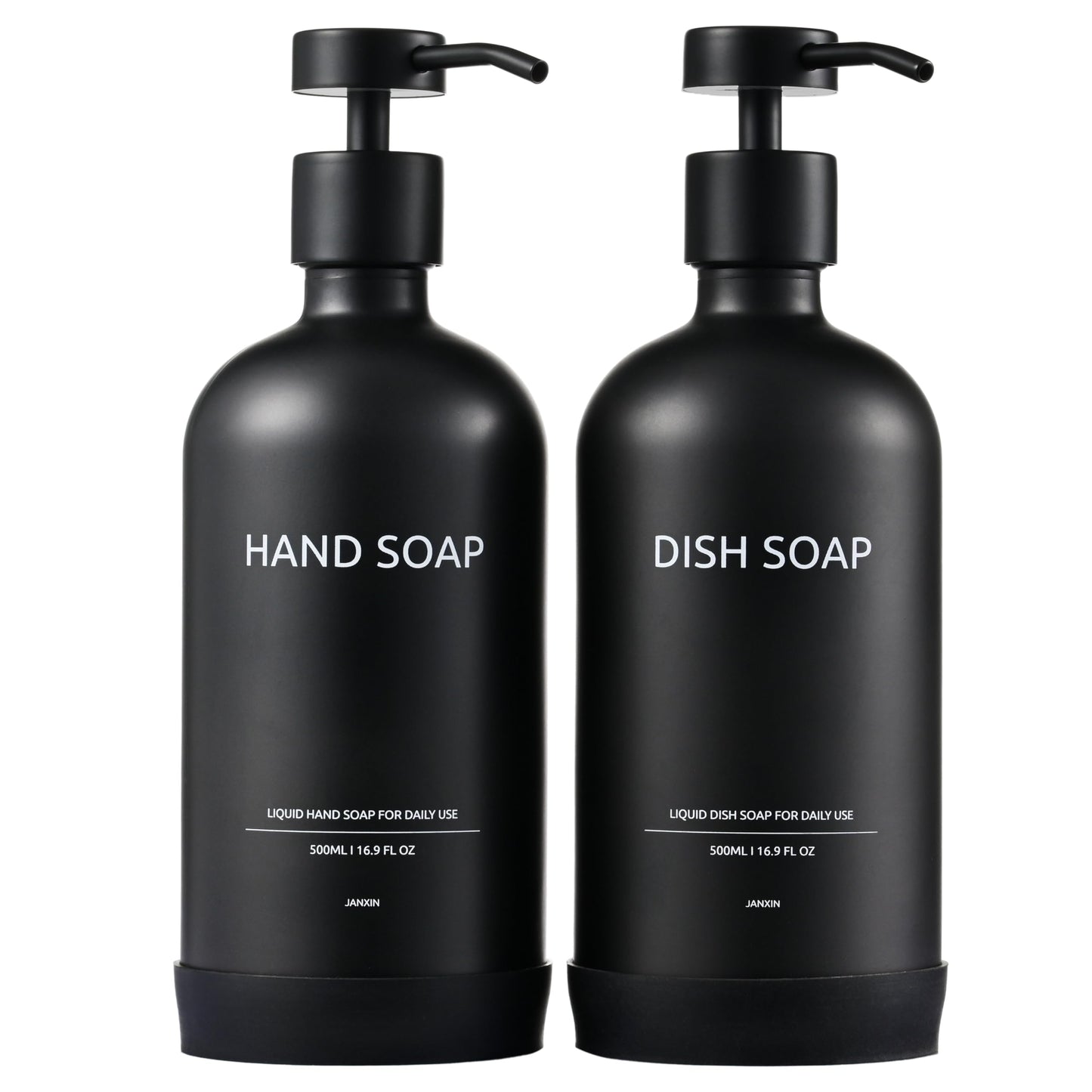 Janxin 2 Refillable Glass Pump Bottles for Kitchen, Soap Dispenser Black, 500 ml Soap Dispenser with Pump Head, with Non-Slip Silicone Protective