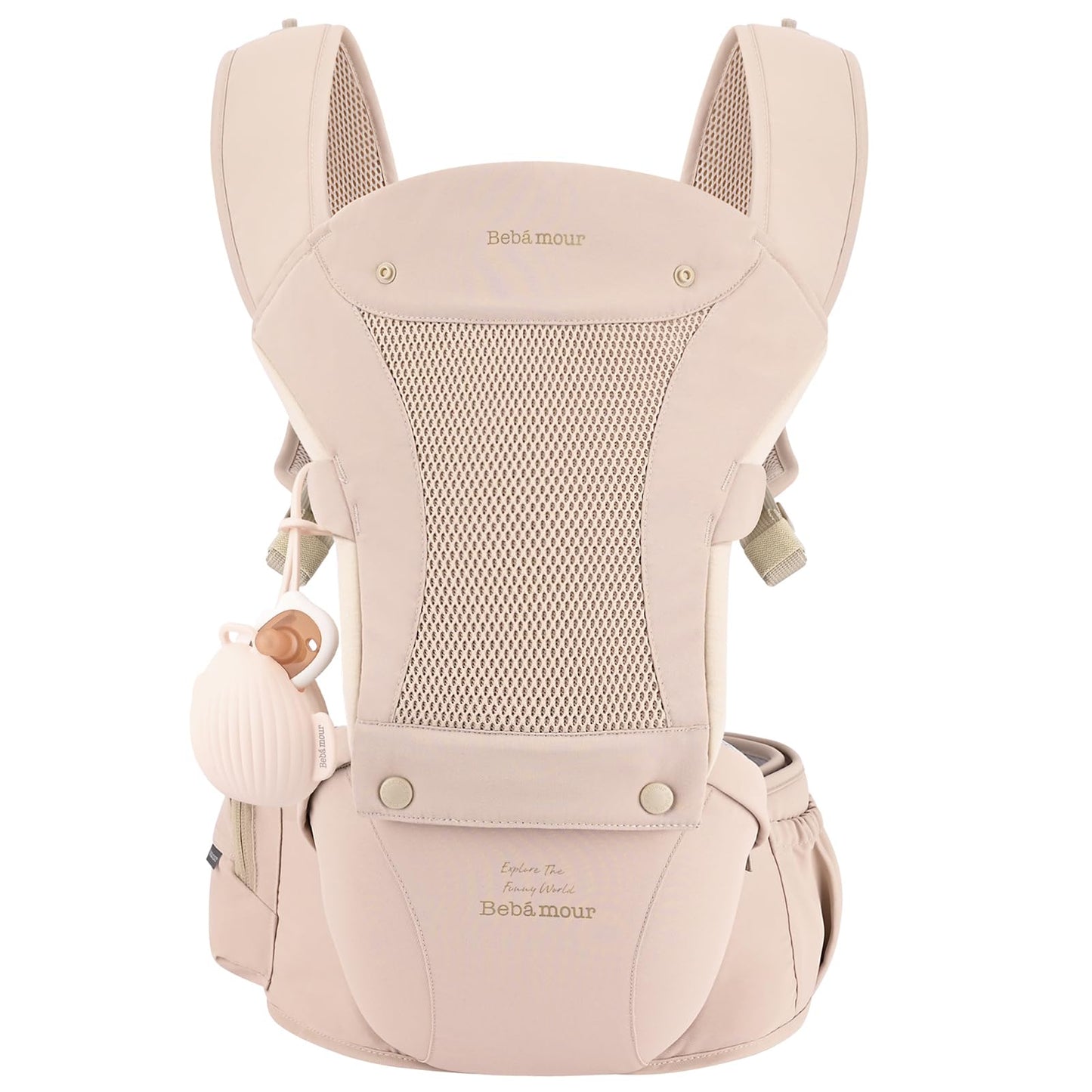 Bebear Baby Carrier Newborn to Toddler, Bebamour Baby Carrier Hipseat 0-36Months with Head Hood, 3 PCS Teething Pads, Waist Extender, Cotton, Pink