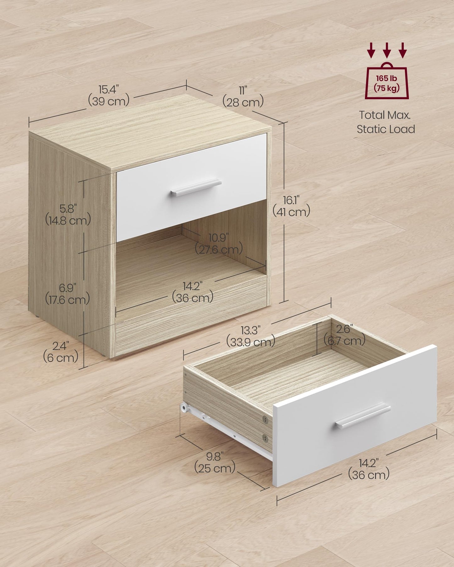 VASAGLE Bedside Tables, Set of 2, Side Table with Drawer, Handle, Open Compartment, End Table, for Bedroom, Living Room, Natural Beige and Classic