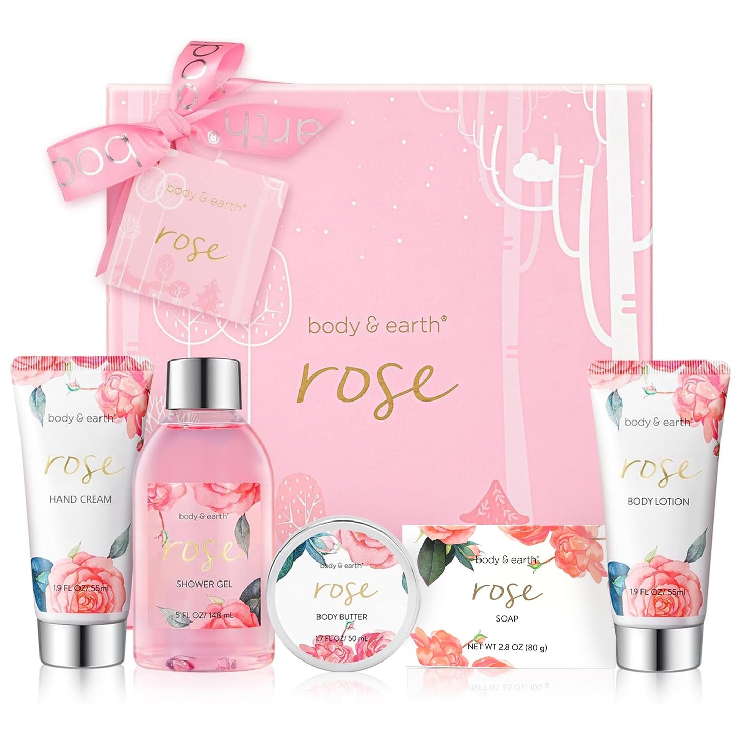 BODY & EARTH Bath Spa Women Gift Set 5 Pcs Rose Gifts Sets Box for Her Pamper Gift for Womens with Soap Shower Gel, Body Lotion Mothers Day Gifts