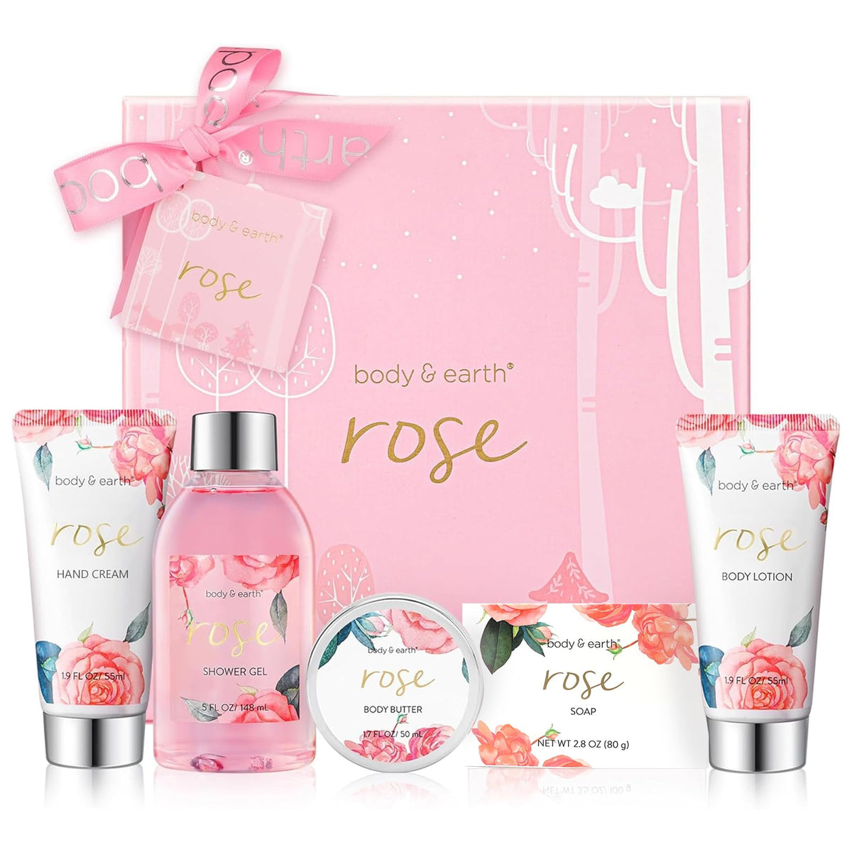 BODY & EARTH Bath Spa Women Gift Set 5 Pcs Rose Gifts Sets Box for Her Pamper Gift for Womens with Soap Shower Gel, Body Lotion Mothers Day Gifts
