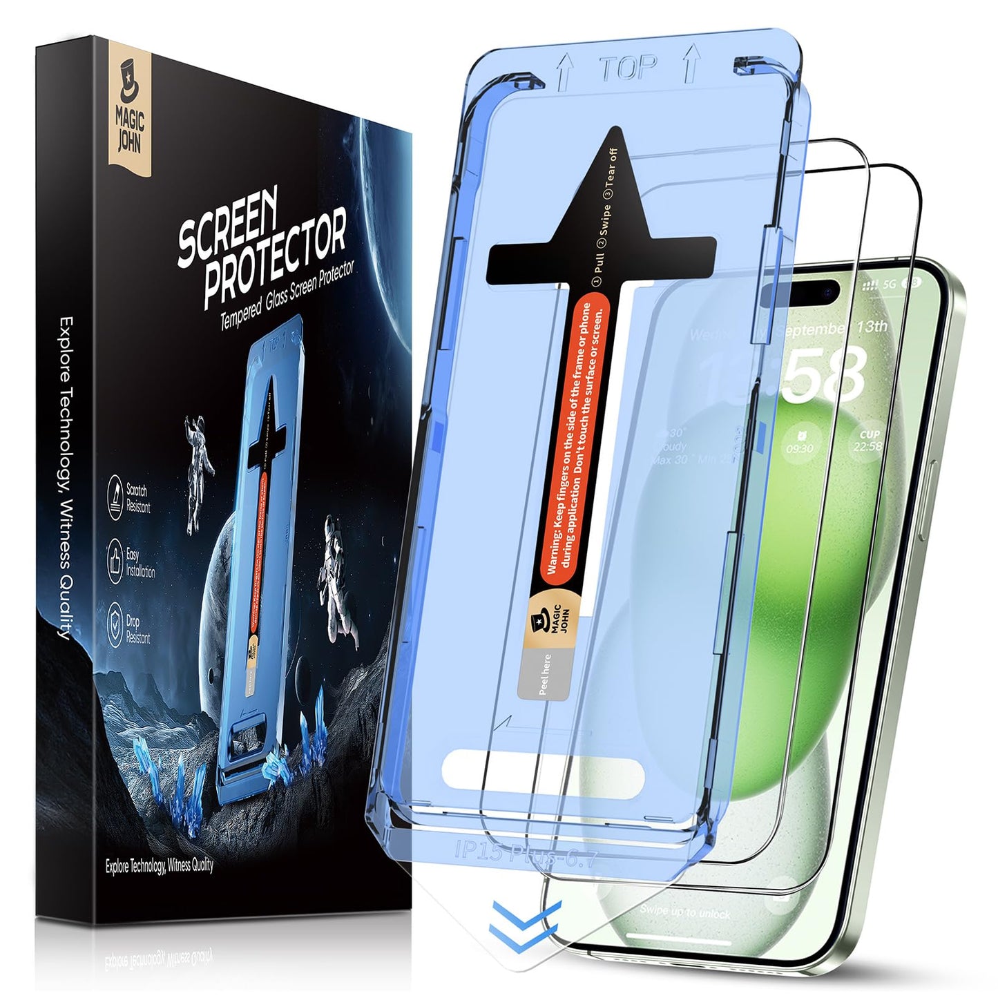 MAGIC JOHN 2 Pack for iPhone 15 Plus 6.7 inch Tempered Glass Screen Protector, Auto Dust-Elimination Installation, Bubble Free, Dynamic Island