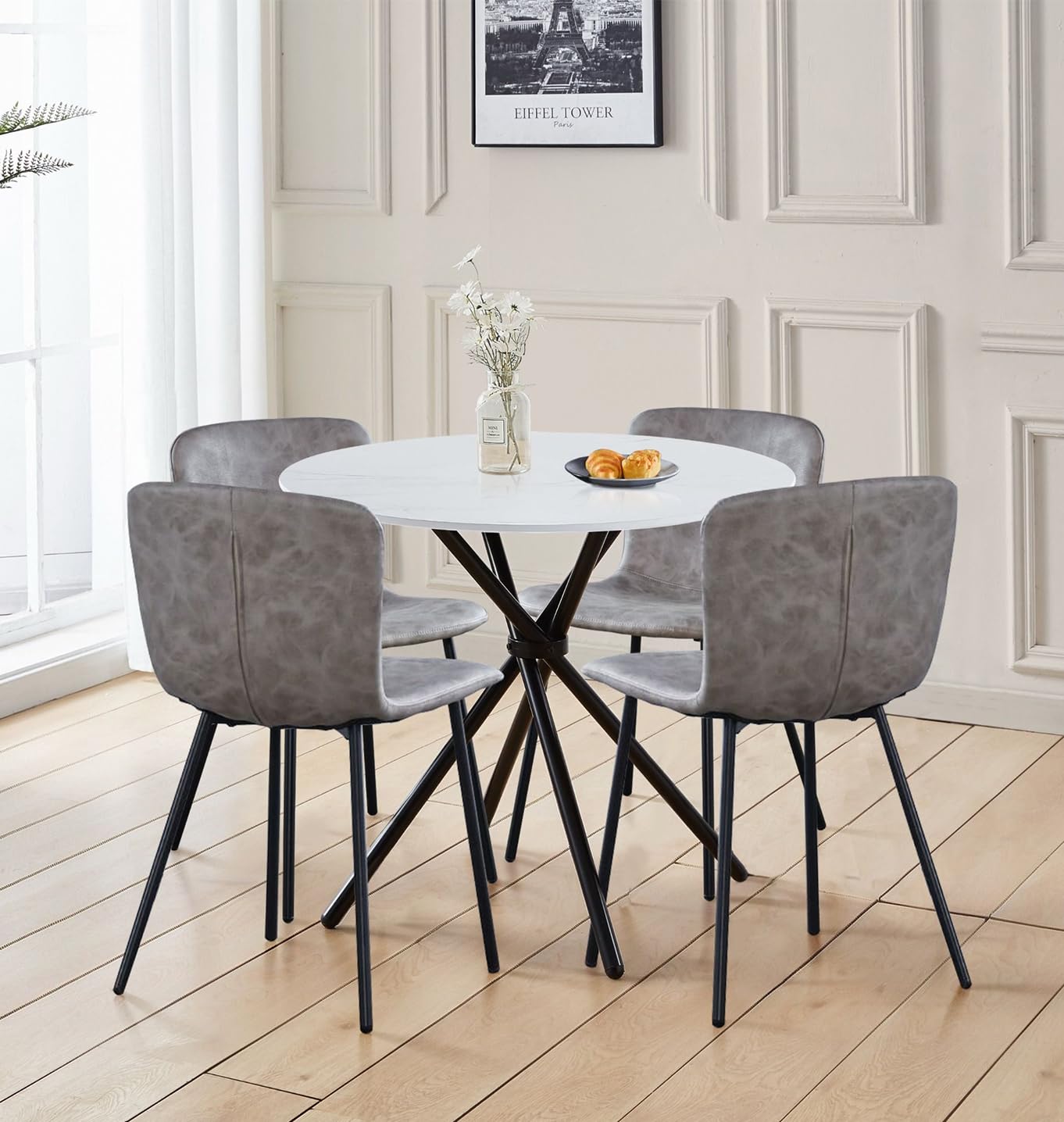Hallowood Furniture Cullompton Round Table and Chairs Set 4, Small Mable Effect White Round Table with Taupe Faux Leather Effect Chairs, 4 Seater