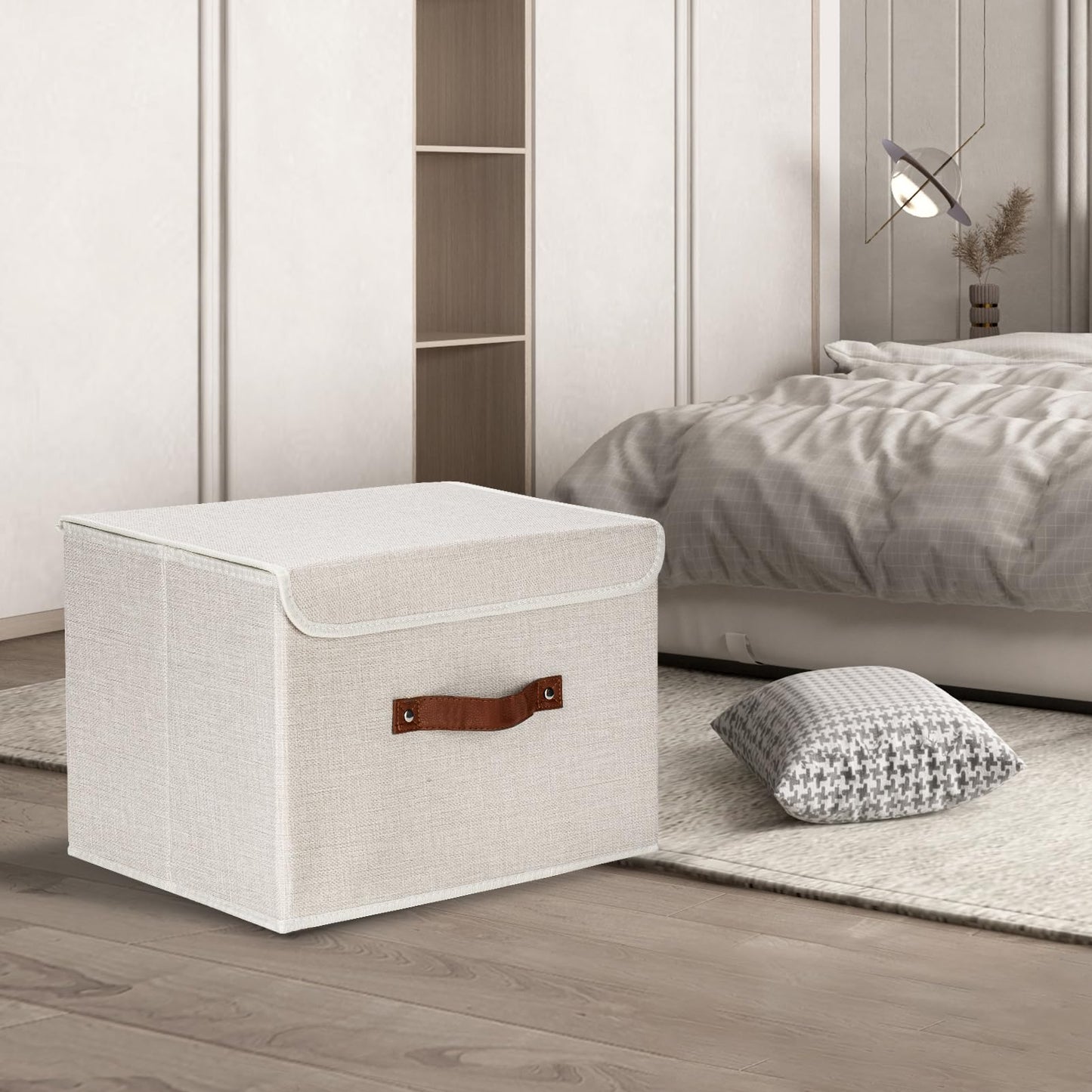 TYEERS Collapsible Storage Box with Lid, Fabric Storage Box for Clothes, Wardrobe Storage, 38x25x25 cm, Set of 3, Beige