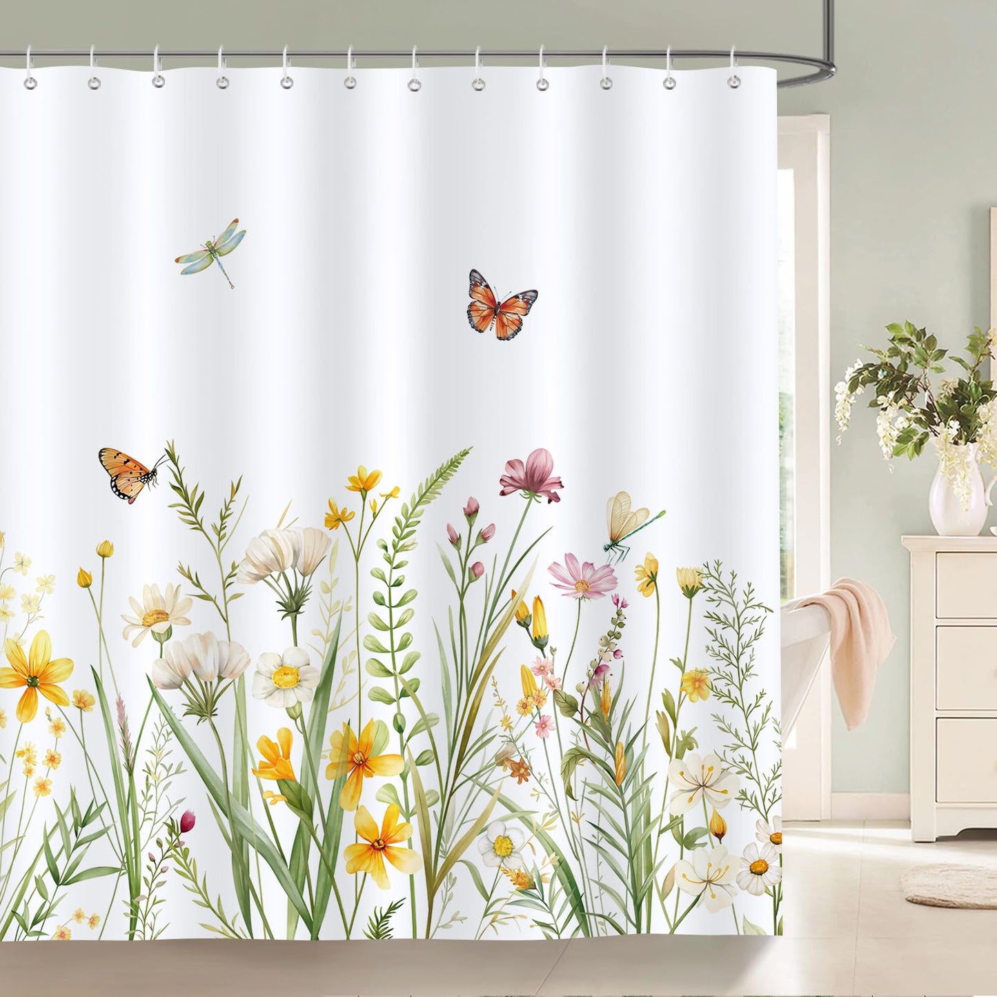 Bonhause Spring Floral Shower Curtain Yellow White Wildflowers Plant Butterfly Bathroom Curtain 180 x 180 cm Waterproof Mildew & Mould Resistant