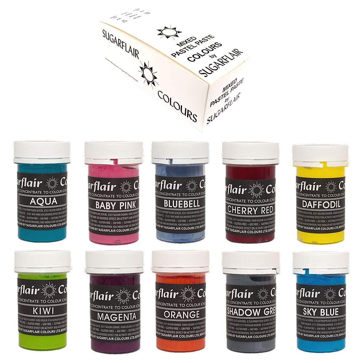 Sugarflair Concentrated Food Colours - Mixed Set of 10 PASTEL Pastes Prepacked by Sugarflair