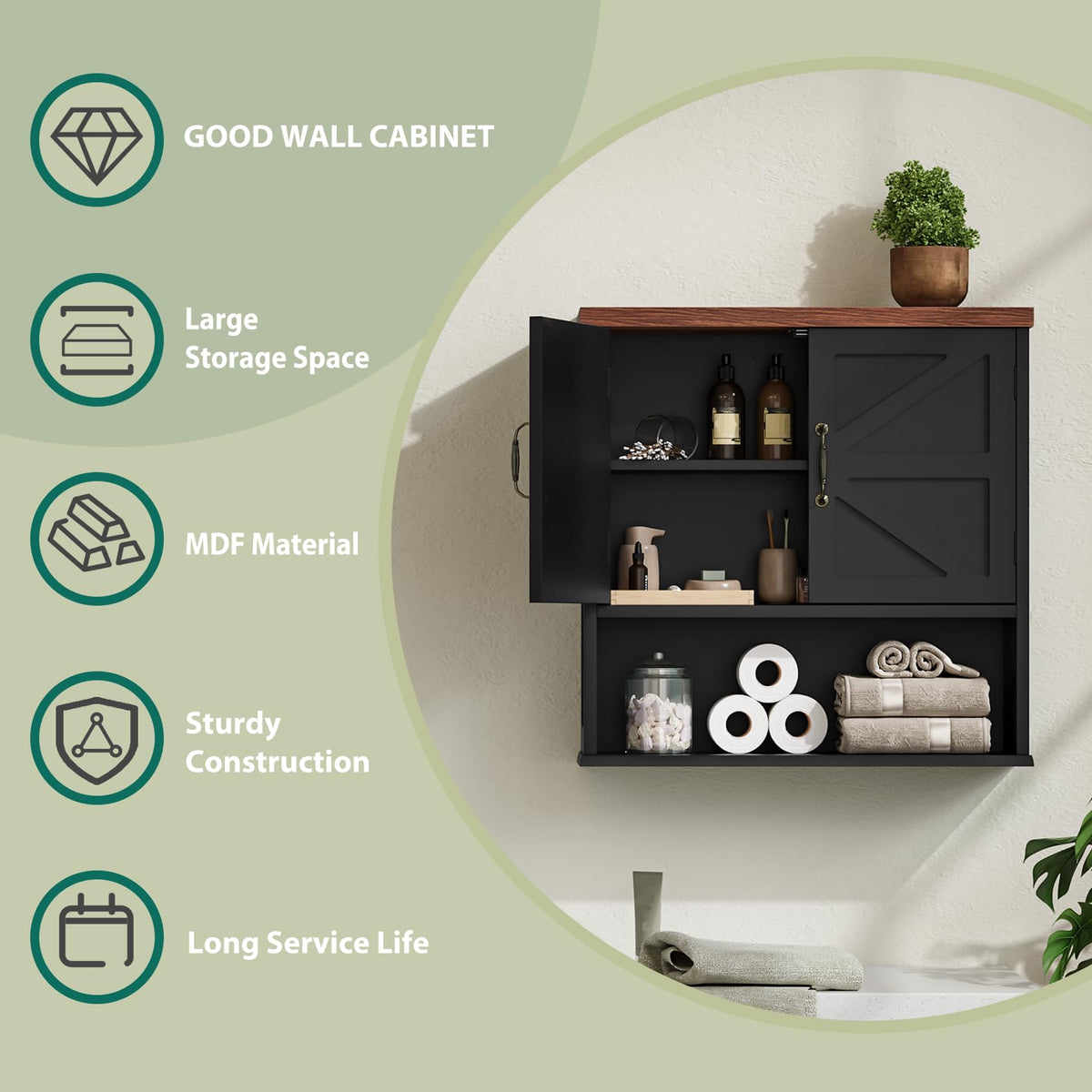 Smuxee Farmhouse Bathroom Cabinet Wall Mounted, Black Medicine Cabinet with Adjustable Shelf, Bathroom Cabinet for Living Room, Laundry Room