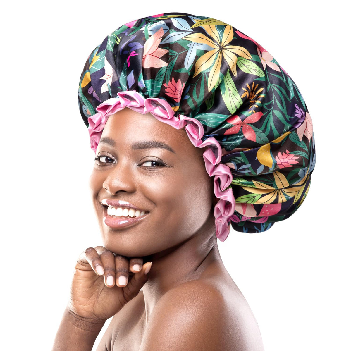 mikimini Reusable Shower Cap for Women Long Hair, Wide Secure-Fit Elastic Band, Large Double Layer Waterproof Bath Cap, Washable Bath Cap with