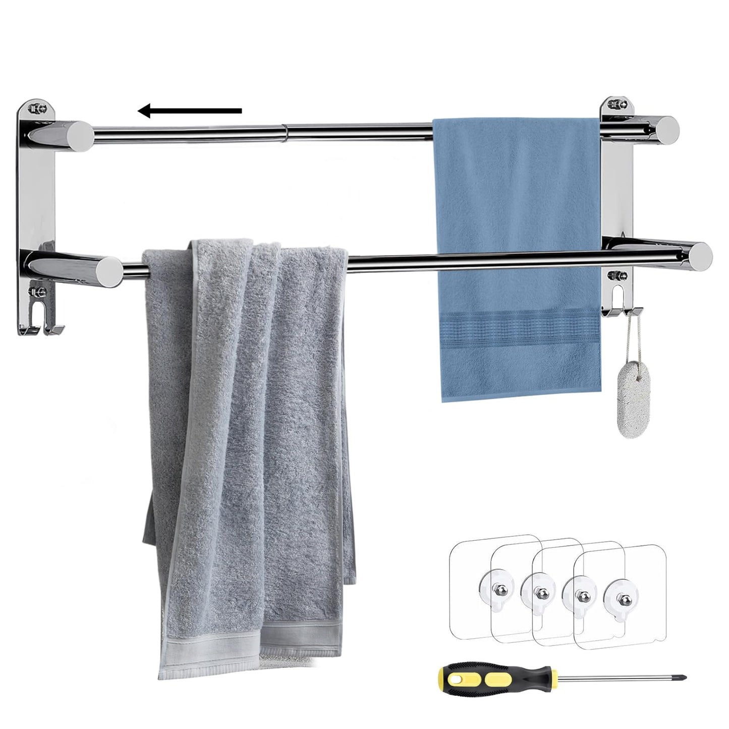 DMSELL Adjustable Self Adhesive Double Towel Rail, 41-75 cm Wall Mounted Towel Rail, Retractable No Drill Towel Rack for Bathroom