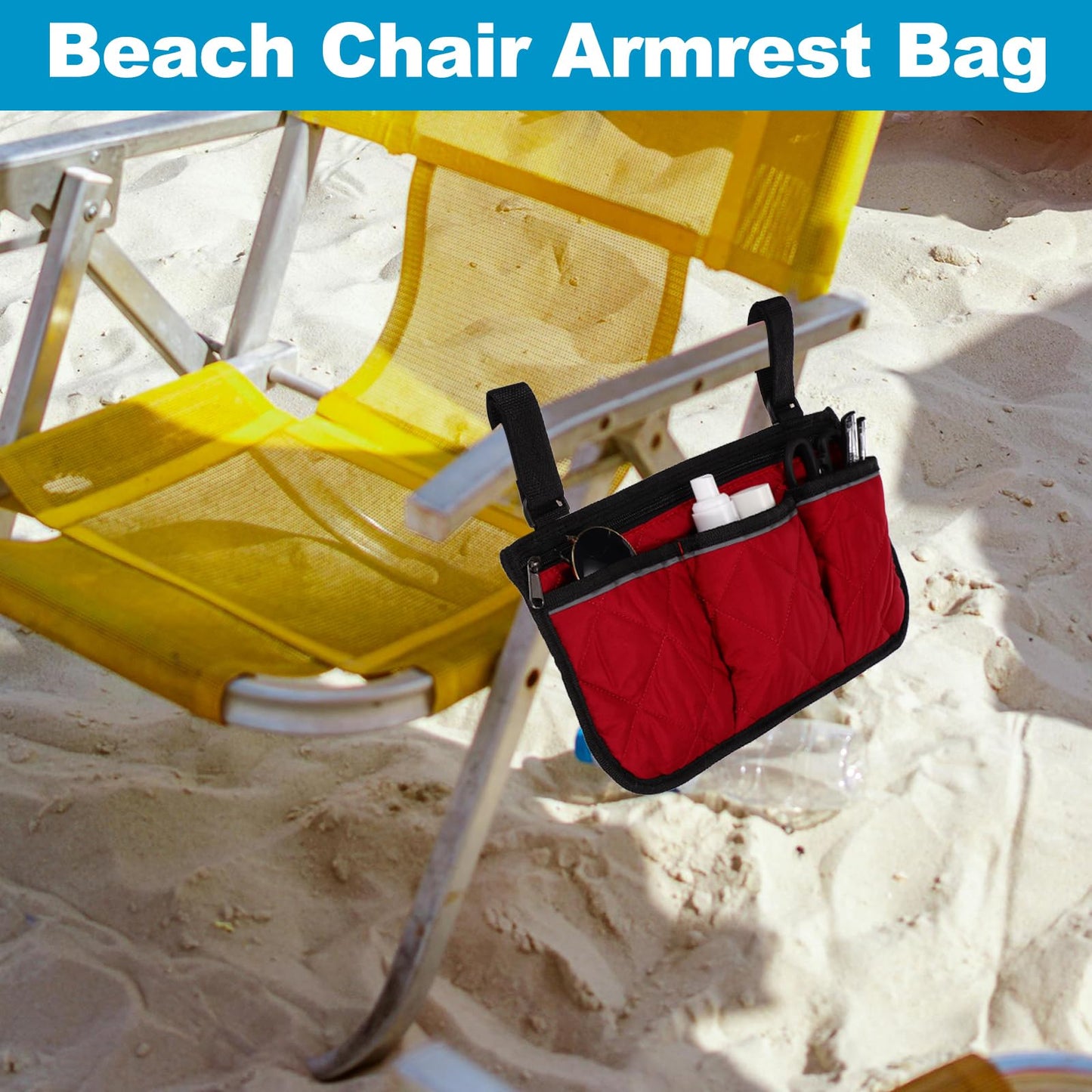 YELARXI Beach Chair Armrest Bag, Beach Side Bag Hanging Storage Organizer with Reflective 4 Pockets Waterproof Pouch 13 x 7" & 2Pcs & Yellow
