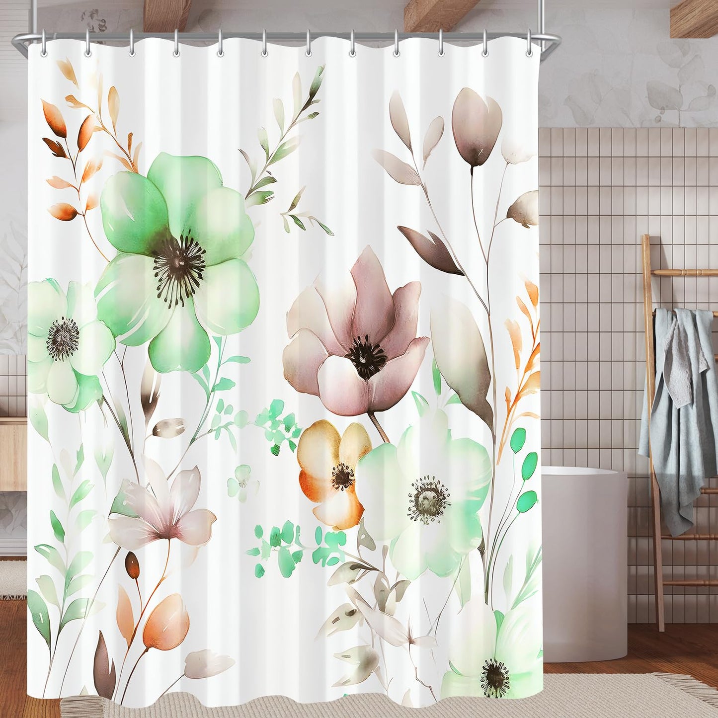 Lerores Shower Curtain 180 x 200 cm, Flowers Drawing, Anti-Mould Textile, Weighted Hem, Water-Repellent, Washable Polyester Bath Curtains with 12