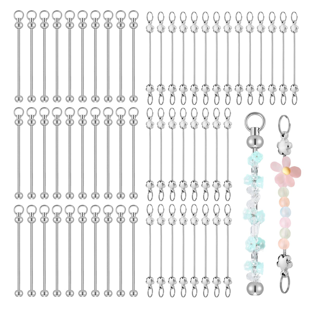 YMTWSRY 60 Pcs Bead Keyring Making Kit, Silver Blank Beadable Keychain Making Kits for DIY Jewelry Keychains Accessories (Round & Flower-Shaped)