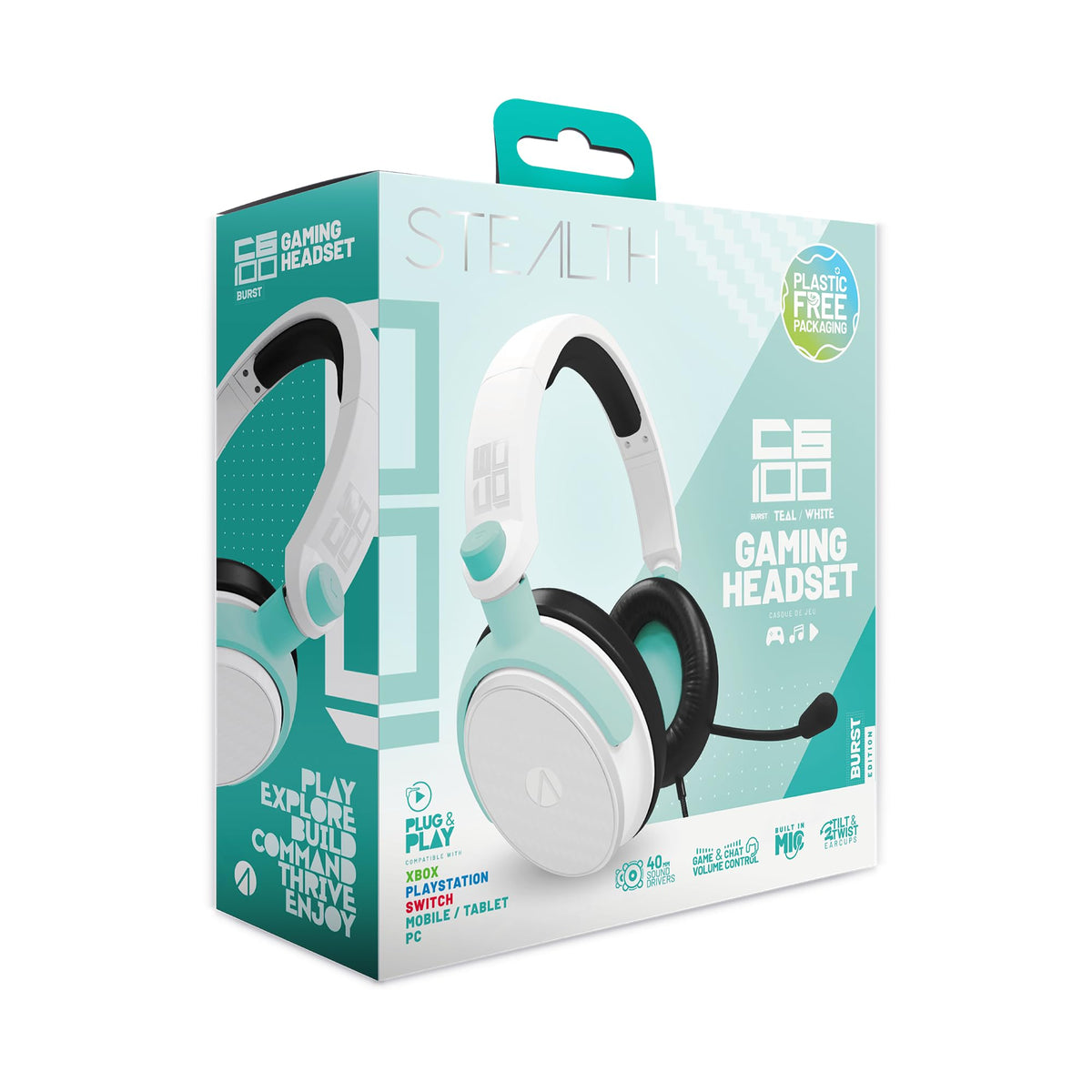 STEALTH C6-100 Gaming Headset BURST Edition - Teal White, Compatible with Current Gen Consoles, with Flexible Mic, 3.5mm Jack, 1.5m Cable,