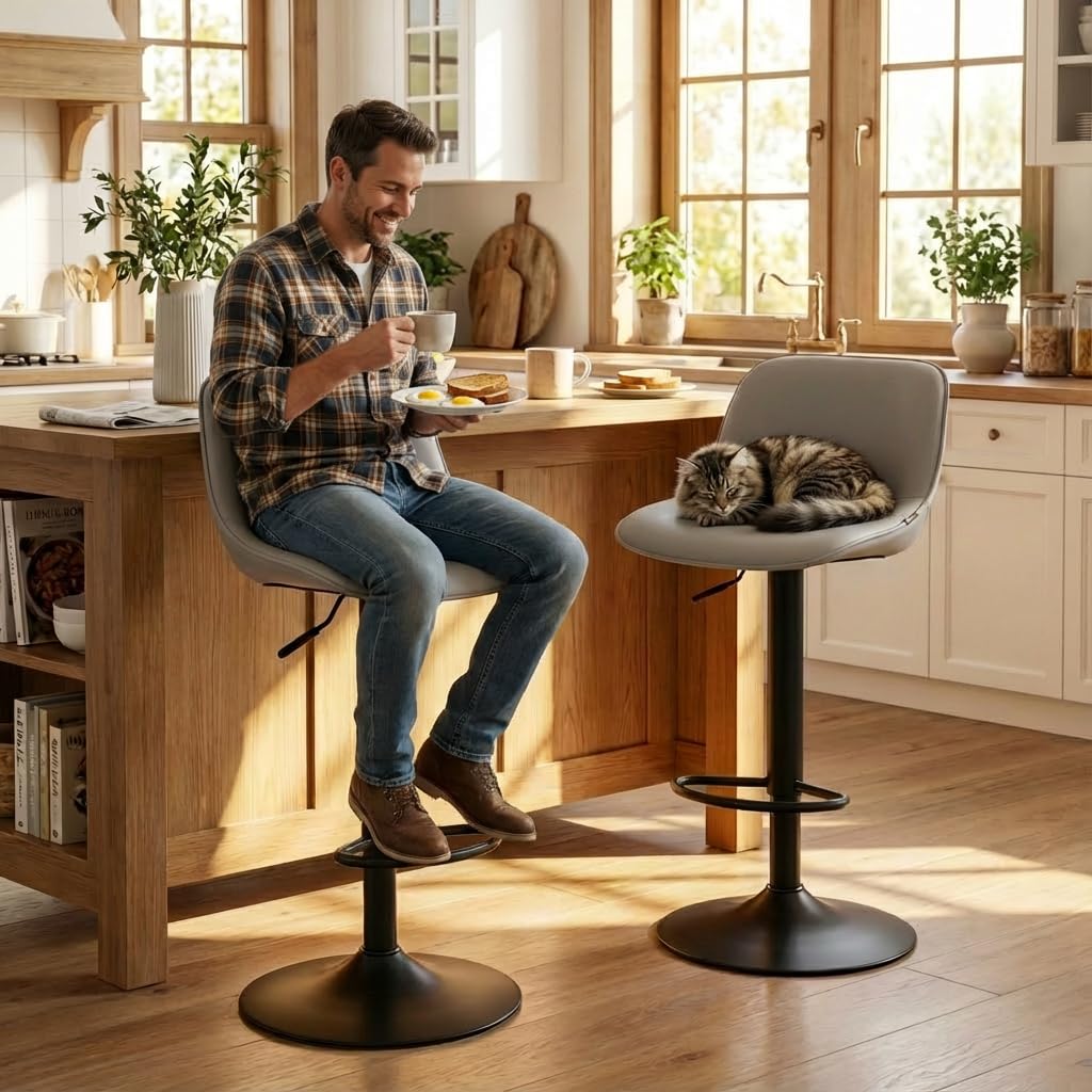 YOUNIKE Bar Stools Set of 2 Modern Breakfast Barstools, Adjustable Swivel Counter Height Bar Chairs Faux Leather Upholstered Counter Stools with
