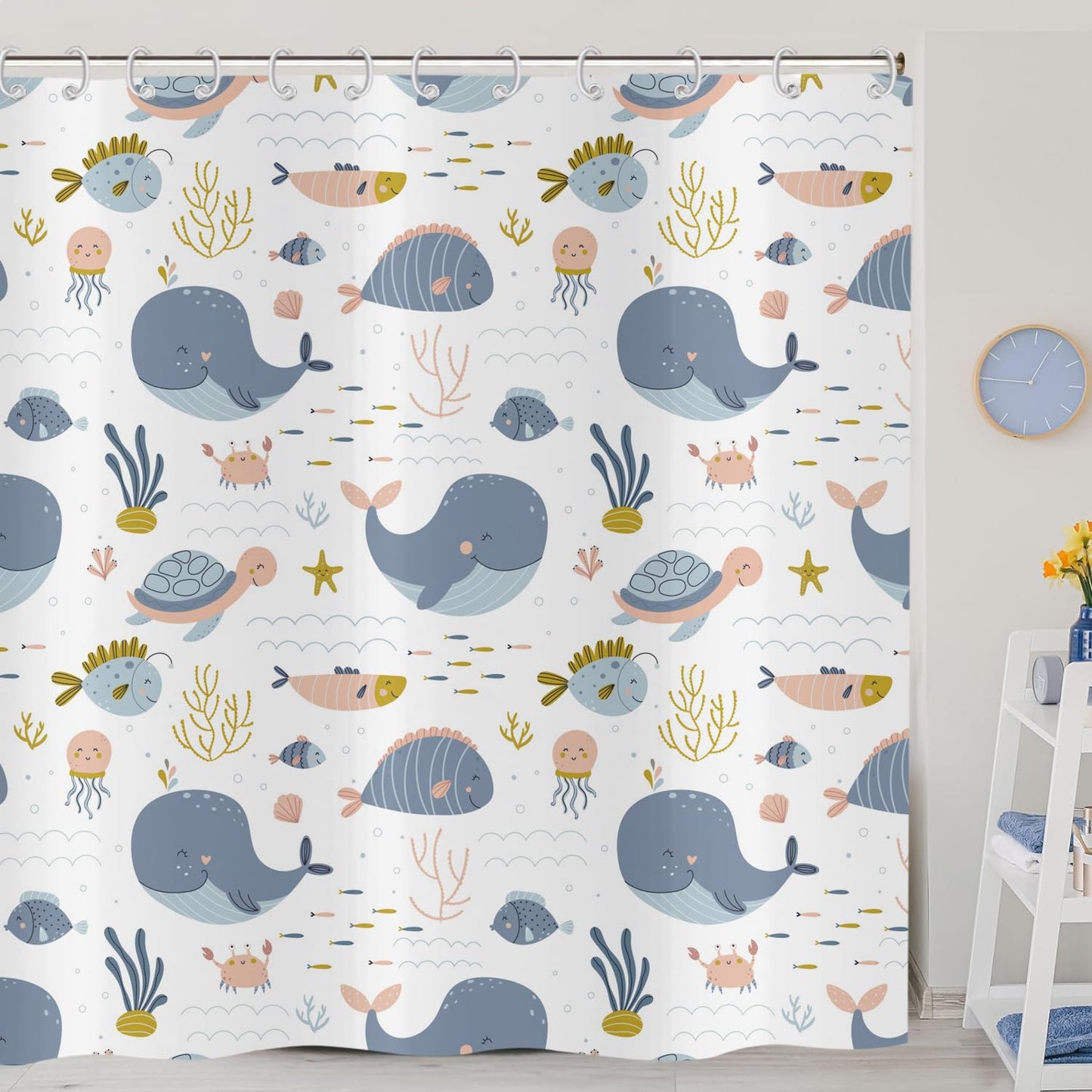 ASDCXZ Kids Shower Curtain 180x200 cm, Cute Cartoon Underwater World Turtle Fish Jellyfish Young Bath Washable Shower Curtains Polyester Textile