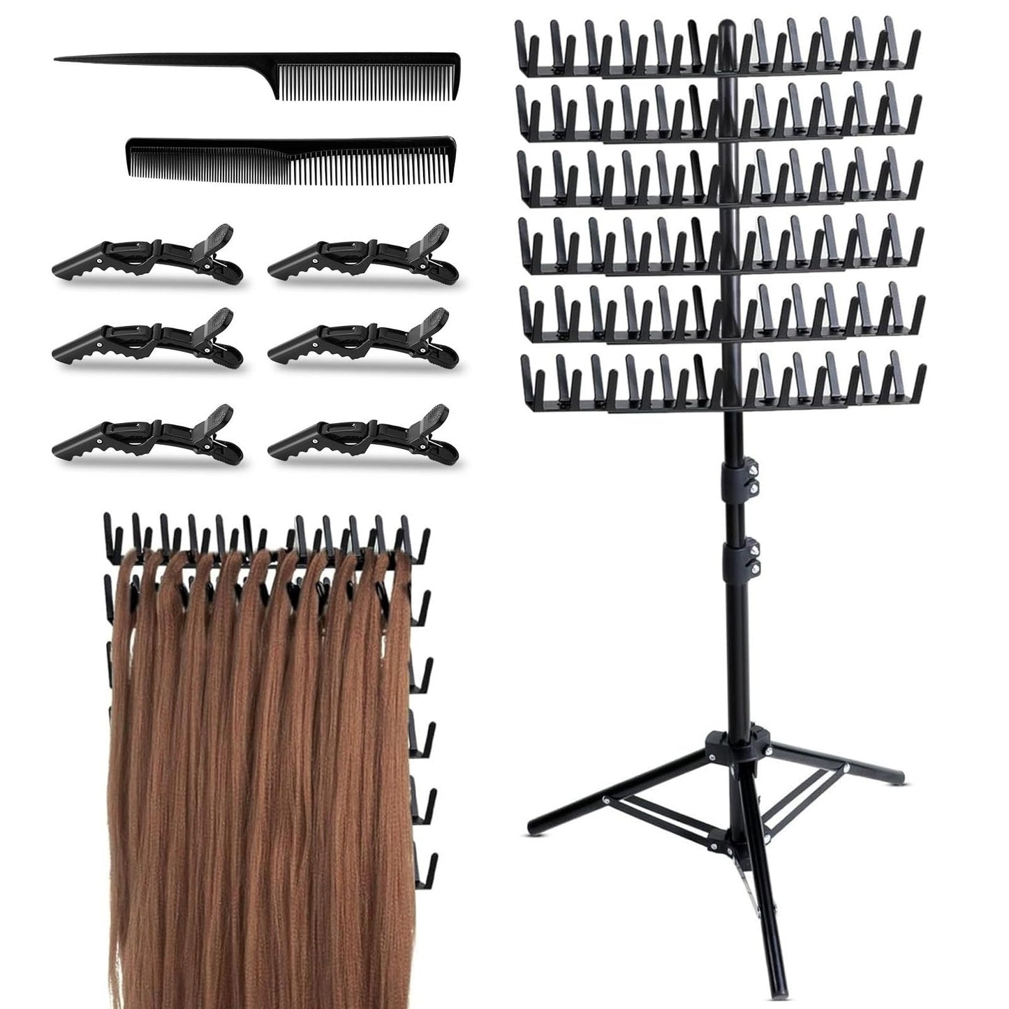 Caossuixin Hair Extension Holder with 144 Pegs, Braiding Racks, Height Adjustable Braiding Hair Rack, Braidings Rack Standing, Double Sided Wig Hanger