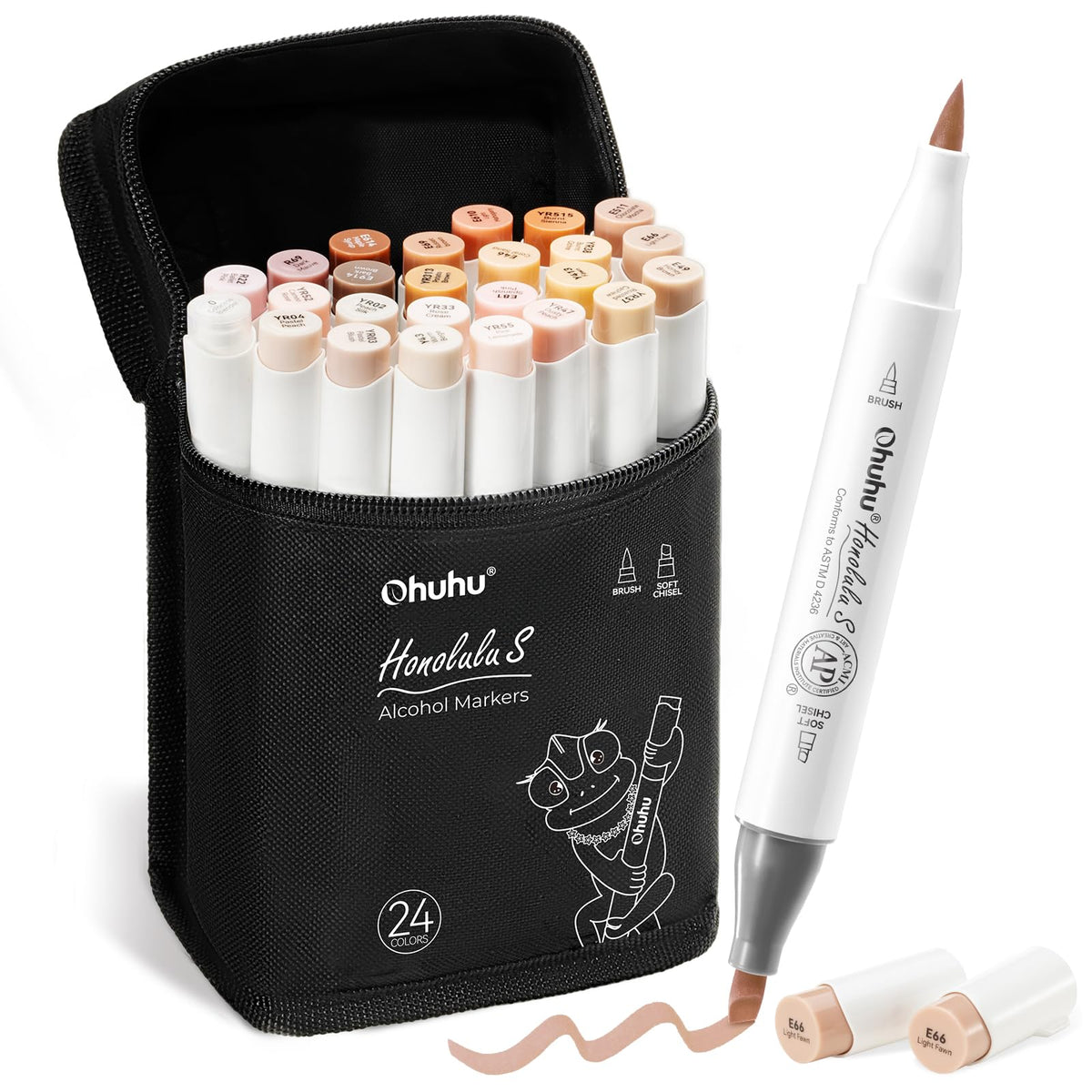 Ohuhu Markers, 24+1 Skin Tone Brush & Soft Chisel Double Tipped Tips Seamless Blending Refillable Ink Alcohol Markers Brush Tip for Artist Adults