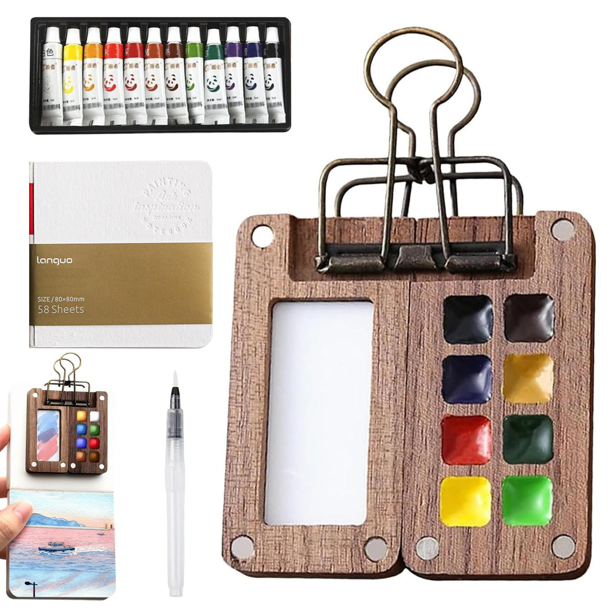 Xumann Portable Watercolor Palette, Pocket Artist Watercolour Travel Set, 8 Grids Wooden Travel Paint Palette with Metal Clip and 12 Colour