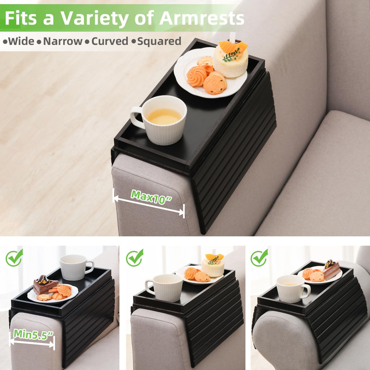GEHE Natural Bamboo Sofa Arm Tray, Armrest Tray Table Anti-Slip, Couch Cup Holder for Snacks, Phone, Control, Cups, Flexible and Foldable, Black