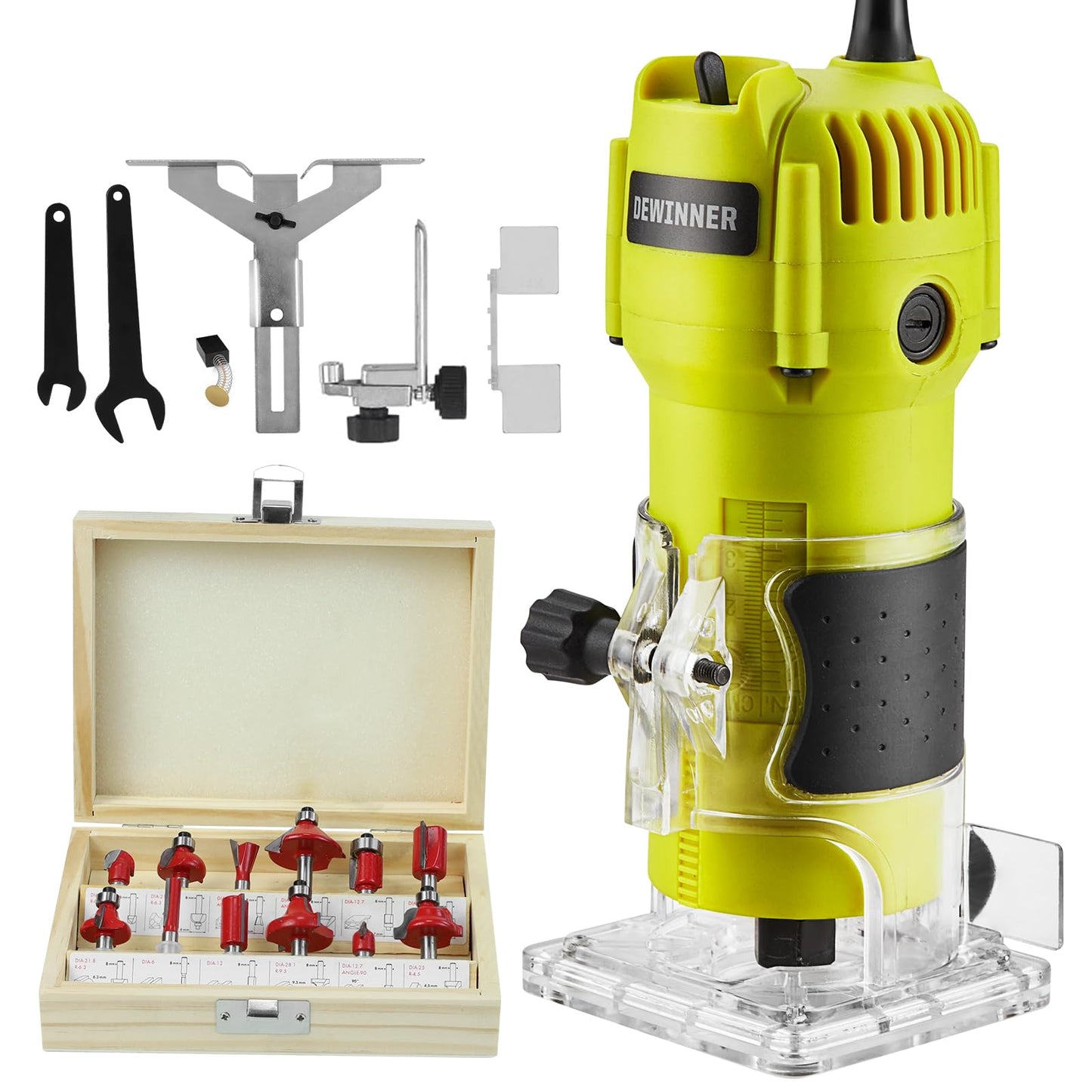 DEWINNER Electric Palm Router Tool, Compact 1/4 Wood Trimmer with Trimmer Transparent Base, Hand Wood Routers Woodworking with 12pcs Router Bit Set