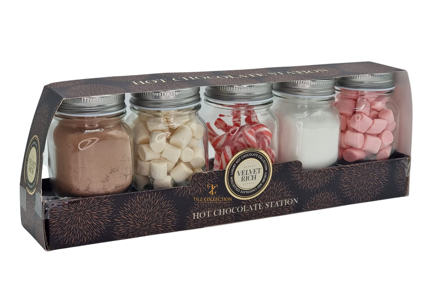 Hot Chocolate Station Kit - Christmas Hot Chocolate Gift Set In 5 Reusable Jars Containing Drinking Chocolate Mix Pink And White Hot Chocolate