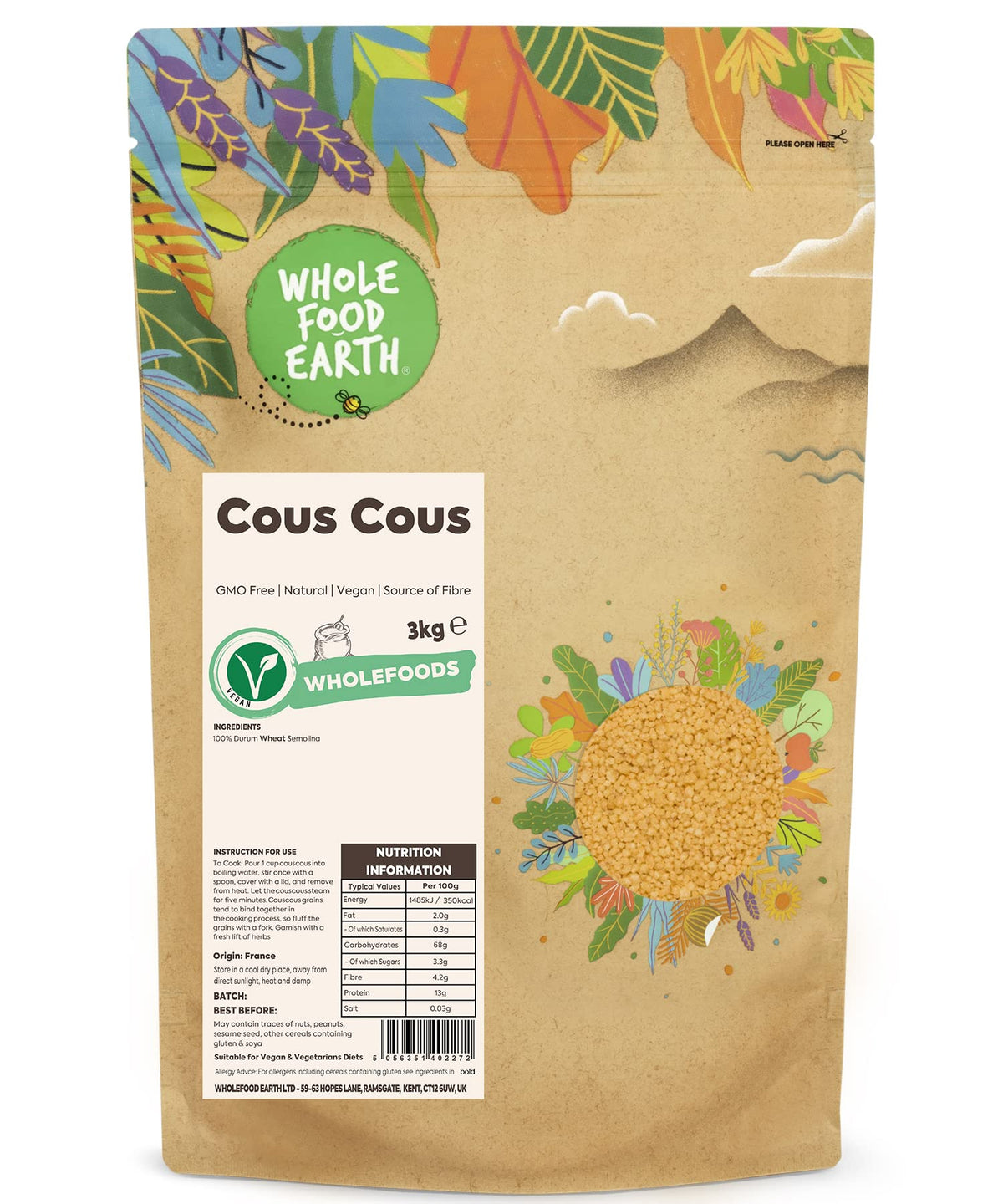 Wholefood Earth Cous Cous 3 kg | GMO Free | Natural | Source of Fibre