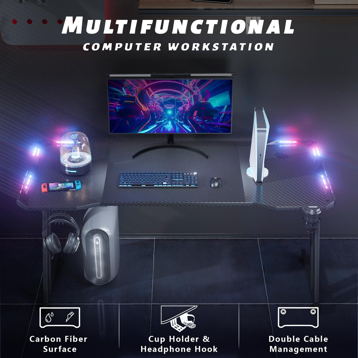DLONGONE 140 x 60cm RGB Gaming Desk, Large Gaming Table for Laptop, Home Office Desk with Carbon Fiber Coated, Gaming PC Desk with Headphone Hook and