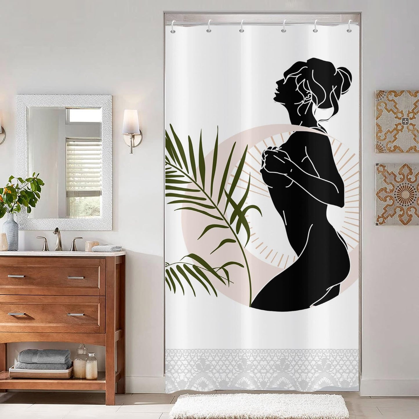 ASDCXZ Boho Shower Curtain 90x180 cm, Modern Abstract Art Girl Green Leaves White Bath Washable Narrow Shower Curtains with eyelets Polyester Textile
