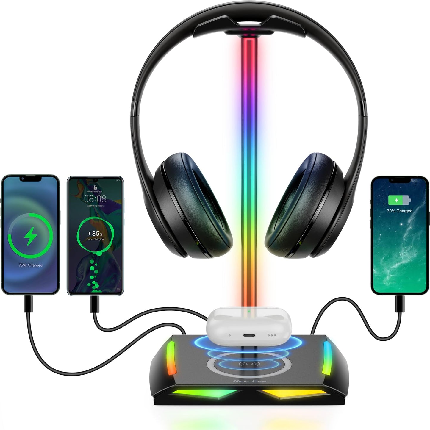 New Bee Headphone Stand RGB Headset Holder with Wireless Charger, Headset Stand Gaming Headphone Holder with 2*USB-C and 1*USB Charging Ports, 7 Light