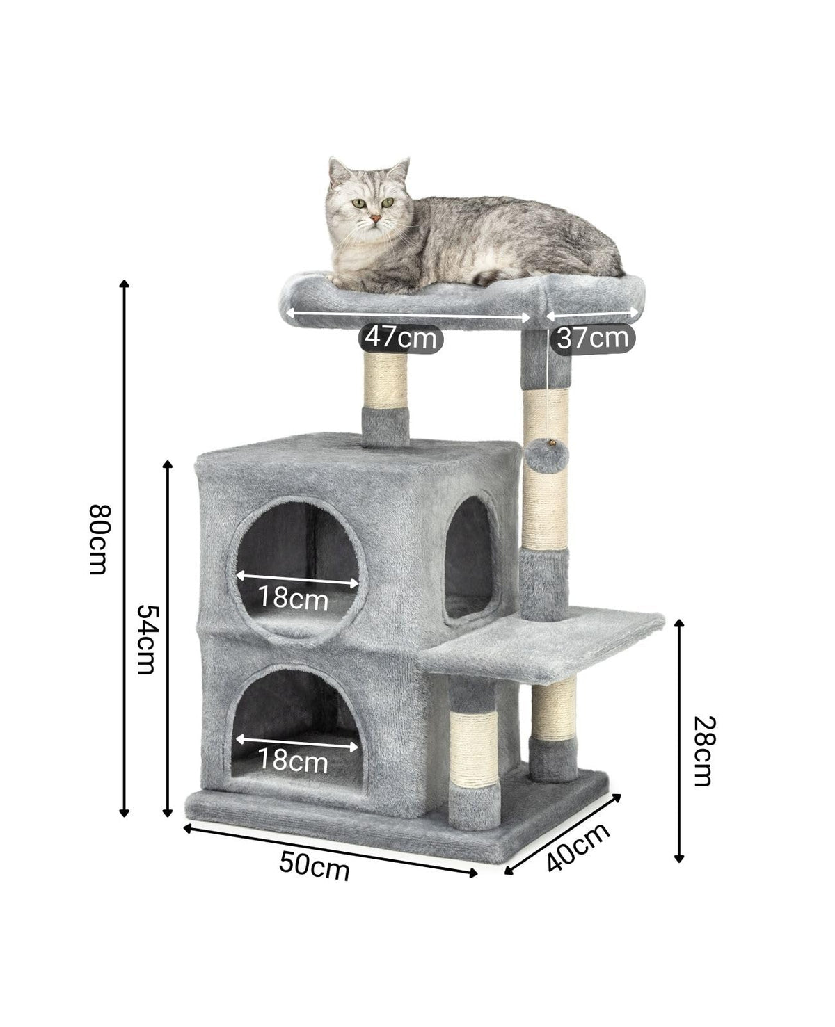 lionto Scratching tree for cats with 2 caves & cozy lying area, height 80 cm, cat tree with plush ball incl. bell, with sisal rope & plush, suitable