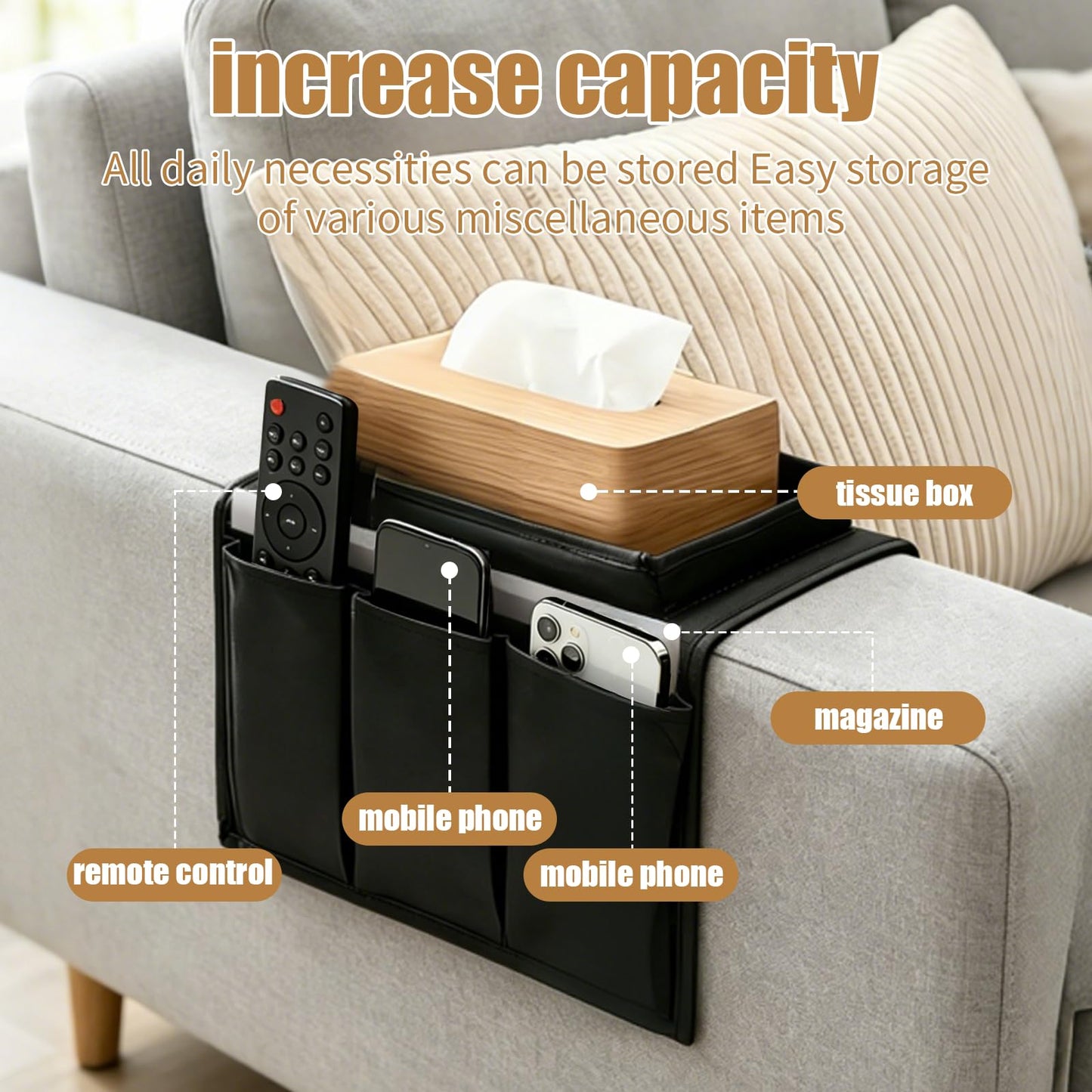 Sofa Armchair Storage Bag, Suitable for Sofas Armrests Storage Bags Tidy Tabletops Bedside Chairs Storage Baskets with Snacks and Tea Cup Holders