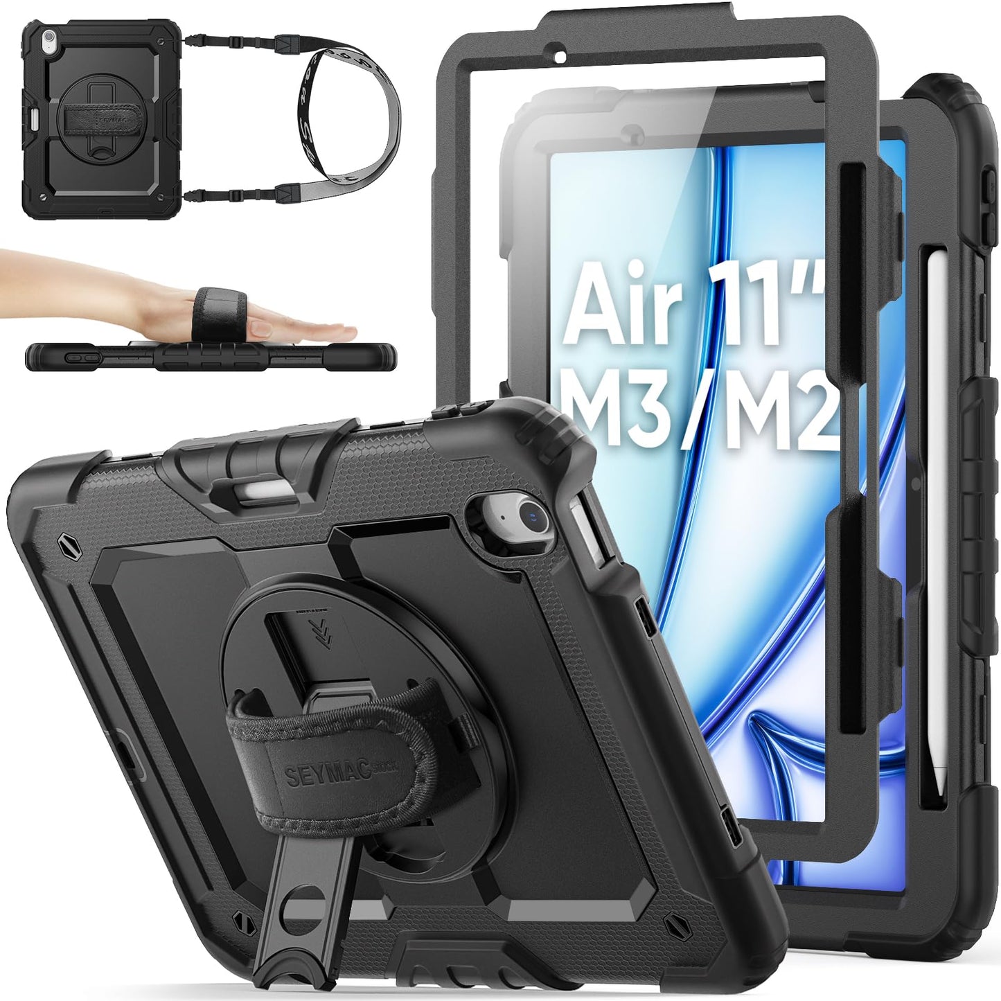 SEYMAC stock for iPad Air 11 inch Case (M3/M2, 2025/2024), Heavy Duty Shockproof Cover with Screen Protector, 360? Rotating Stand/Hand Strap, Shoulder