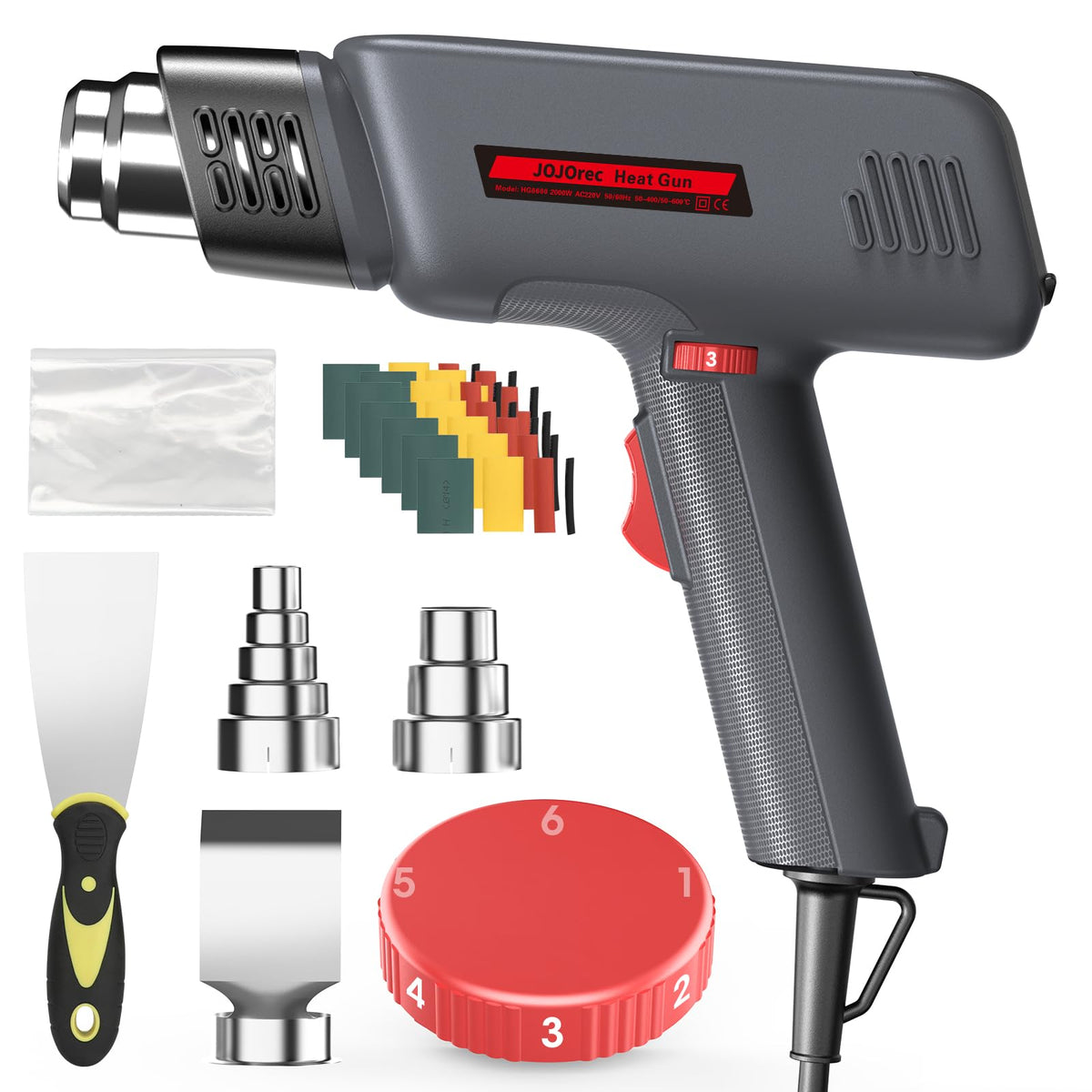JOJOrec Heat Gun, 2000W Professional Hot Air Gun 50?- 600? Variable Temperature Control (6-Level) with Dual Air Flow Settings, Overload Protection,