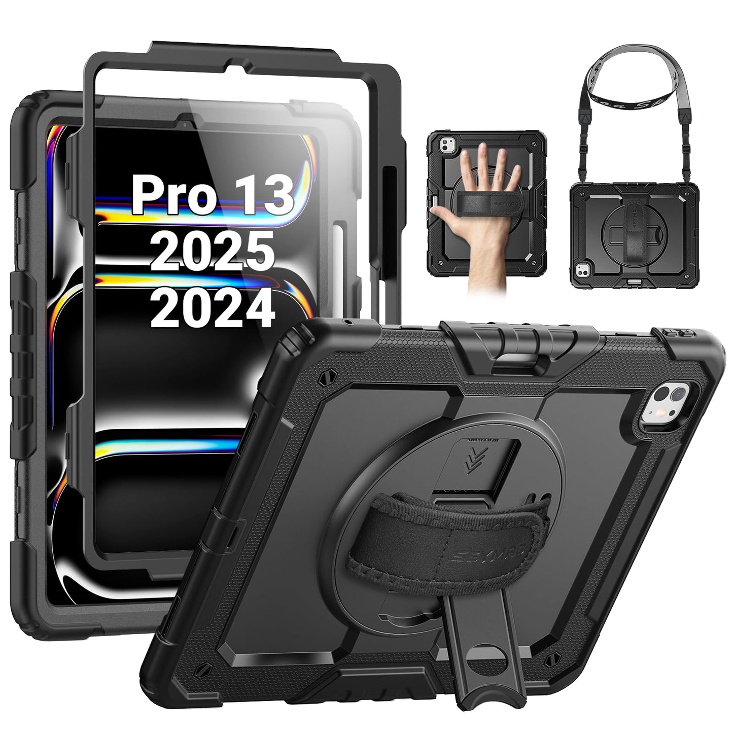 SEYMAC Case for iPad Pro 13 inch (M5/M4) 2025/2024, Shockproof with 360 Rotating Hand Strap/Stand, Screen Protector, Pencil Holder and Shoulder Strap