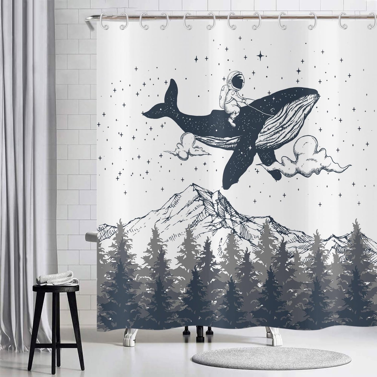Hnmdmyi Funny Shower Curtain 180x180, Astronaut Riding Whale Shower Curtains Mountain Misty Forest Kids Bathroom Curtains with Hooks Waterproof