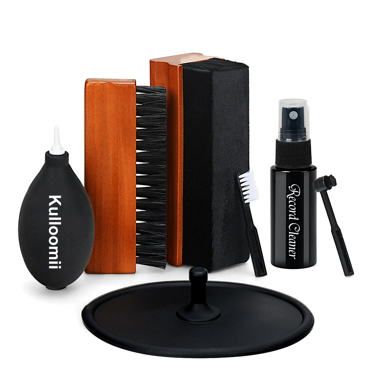 Kulloomii 7pcs Vinyl Record Cleaning Kit, Velvet & Microfiber Brushes, Anti-Static Cleaner, Label Protector, Air Blower, Stylus Brush, Velvet Brush