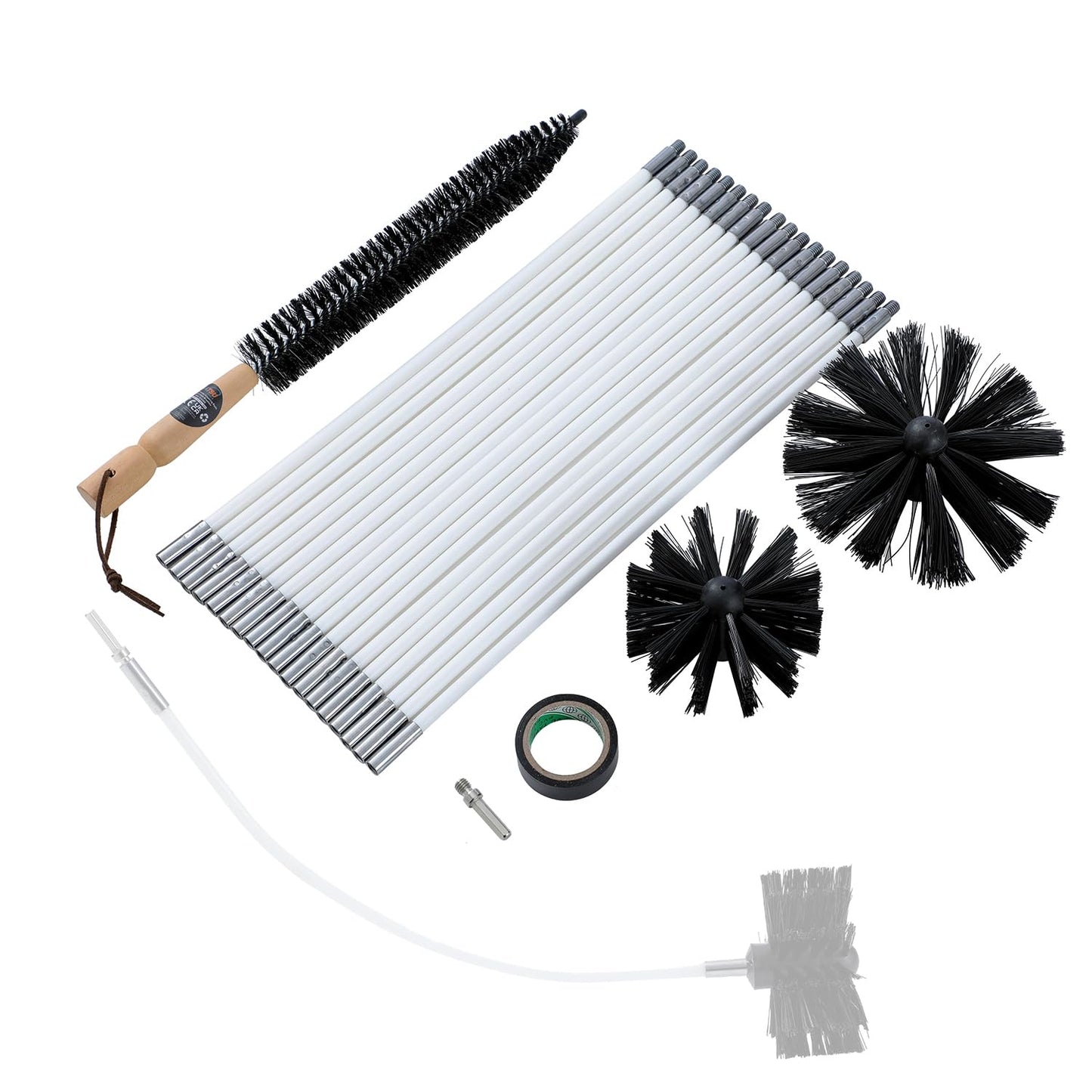 KATSU Tools 24PCs Chimney Cleaning Brush Kit with 18 x 16" Flexible Rods + 4" & 6" Brush Head + Wood Long Brush + Storage Bag, Duct Vent Cleaning
