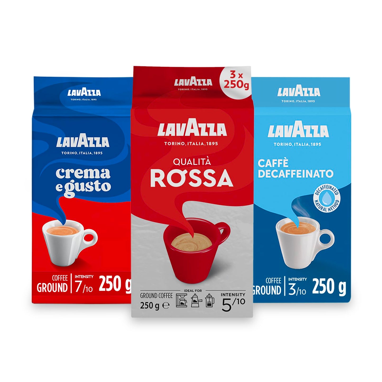 Lavazza Ground Coffee - Dark, Medium & Decaf - 3 Pack.