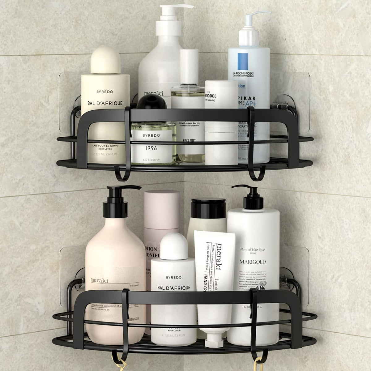 STEUGO Black Corner Shower Shelfs, Adhesive Wall Mounted Shower Caddy with 4 Movable Hooks, Rustproof Stainless Steel Bathroom Organizer, No Drilling